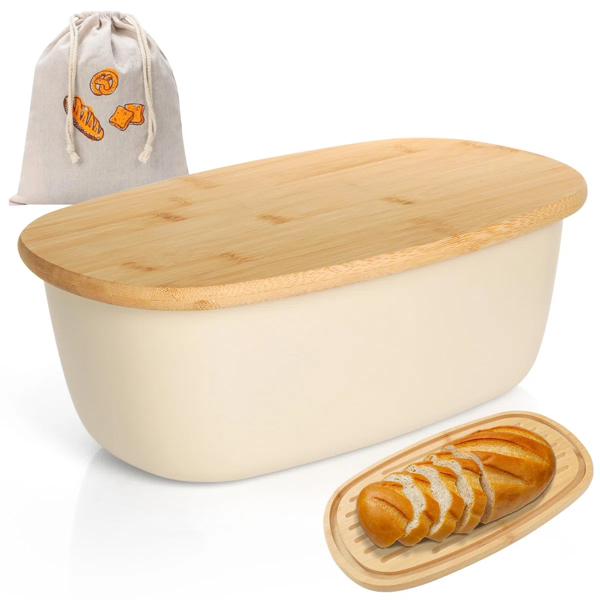 Cozary Portapane con Coperchio in Bambù, 6L Porta Pane da Cucina con Sacchetto per il Pane in Lino, 37x22,5x14 cm, Fondo Antiscivolo, una Aggiore Freschezza (Bianco)