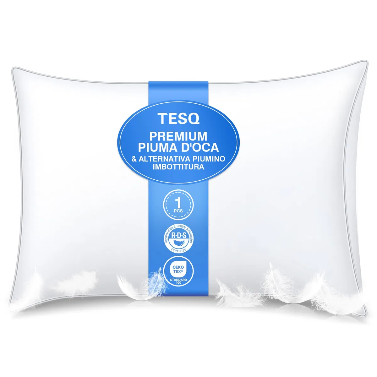 Cuscino in piuma di lusso TESQ 50x70 cm con triplo strato di comfort, cuscini letto igienico di alta qualità, imbottitura soffice e morbida al 100%, Antiacaro, Anallergico, Traspirante