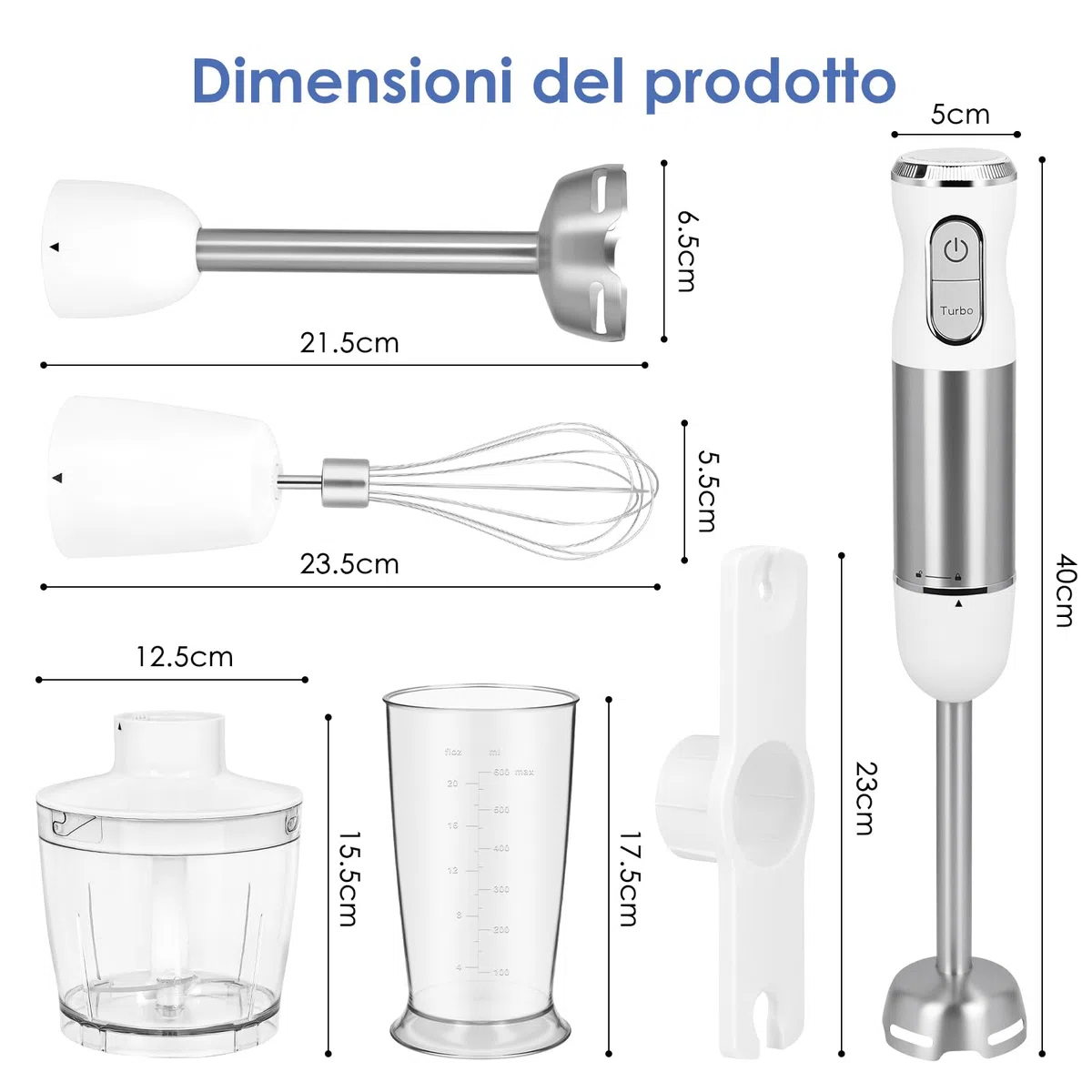 Frullatore a Immersione Multifunzione 4 in 1, 1000 W minipimer professionale,con 30 Velocità e Modalità Turbo, con Frusta, Antispruzzo Design,Tritatutto da 500 ml e Misurino da 600 ml
