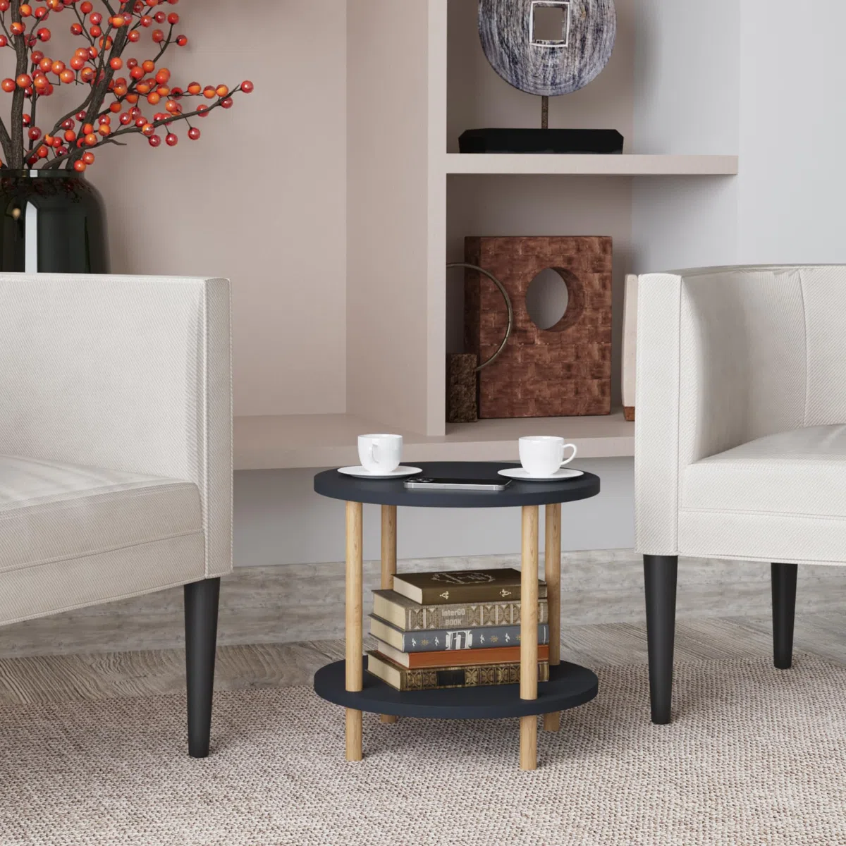 [en.casa] Tavolino Rotondo da Salotto con 2 Piani di Appoggio e Gambe Cilindriche Tavolino da Caffè Tavolo Basso da Divano Design Compatto 49xØ42 cm Grigio