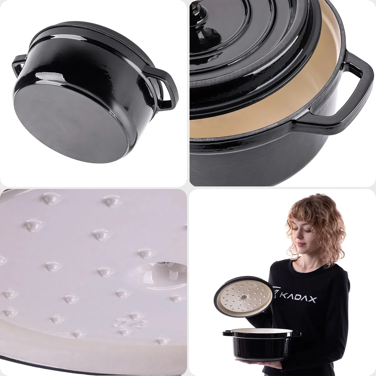 KADAX Pentola in ghisa 4,5 litri, Ø 23 cm, pentola in ghisa smaltata, rotonda con coperchio, per stufare, arrostire, cucinare e cuocere, casseruola (nero)