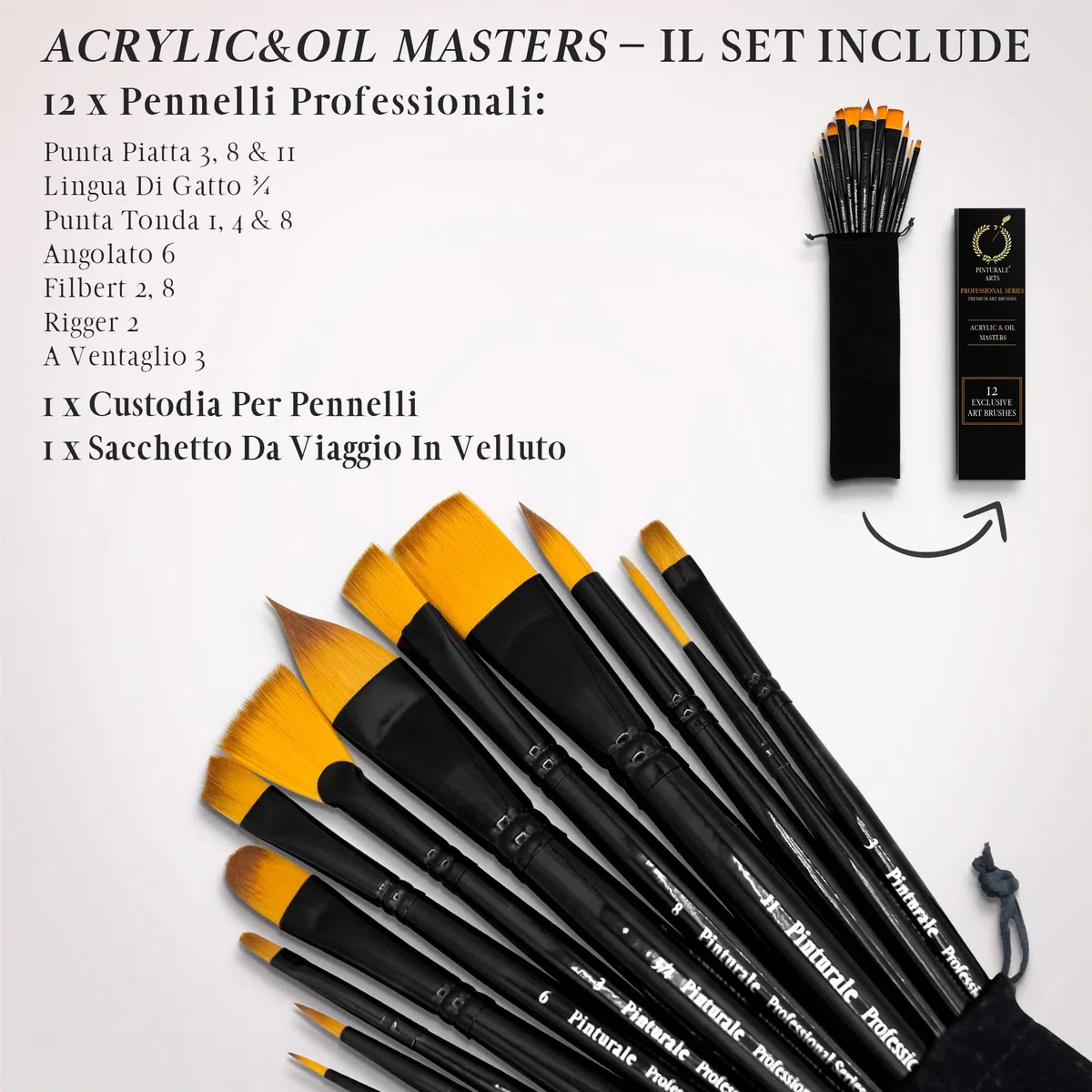 Pinturale 12 Pennelli Per Acrilico | Acrylic & Oil Masters | Set di 12 Pennelli Professionali Per Dipingere | Pennelli Per Pittura Ad Olio, Set Pennelli Per Dipingere Professionali