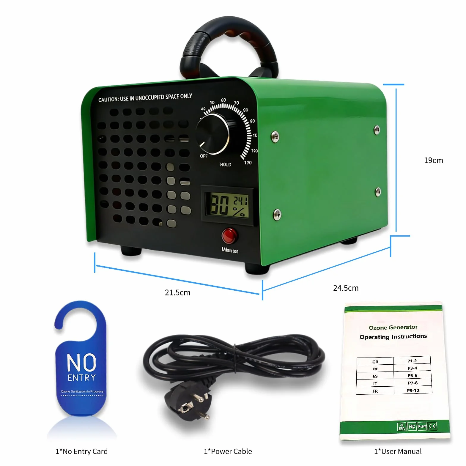 Generatore di Ozono 40000mg/h DawnMeet, Ozonizzatore con Termoigrometro, 300㎡ Ozonizzatore per Casa e Auto per Odori di Animali Domestici Cucina Hotel Uffici Garage Agricola Timer da 120 Min Verde