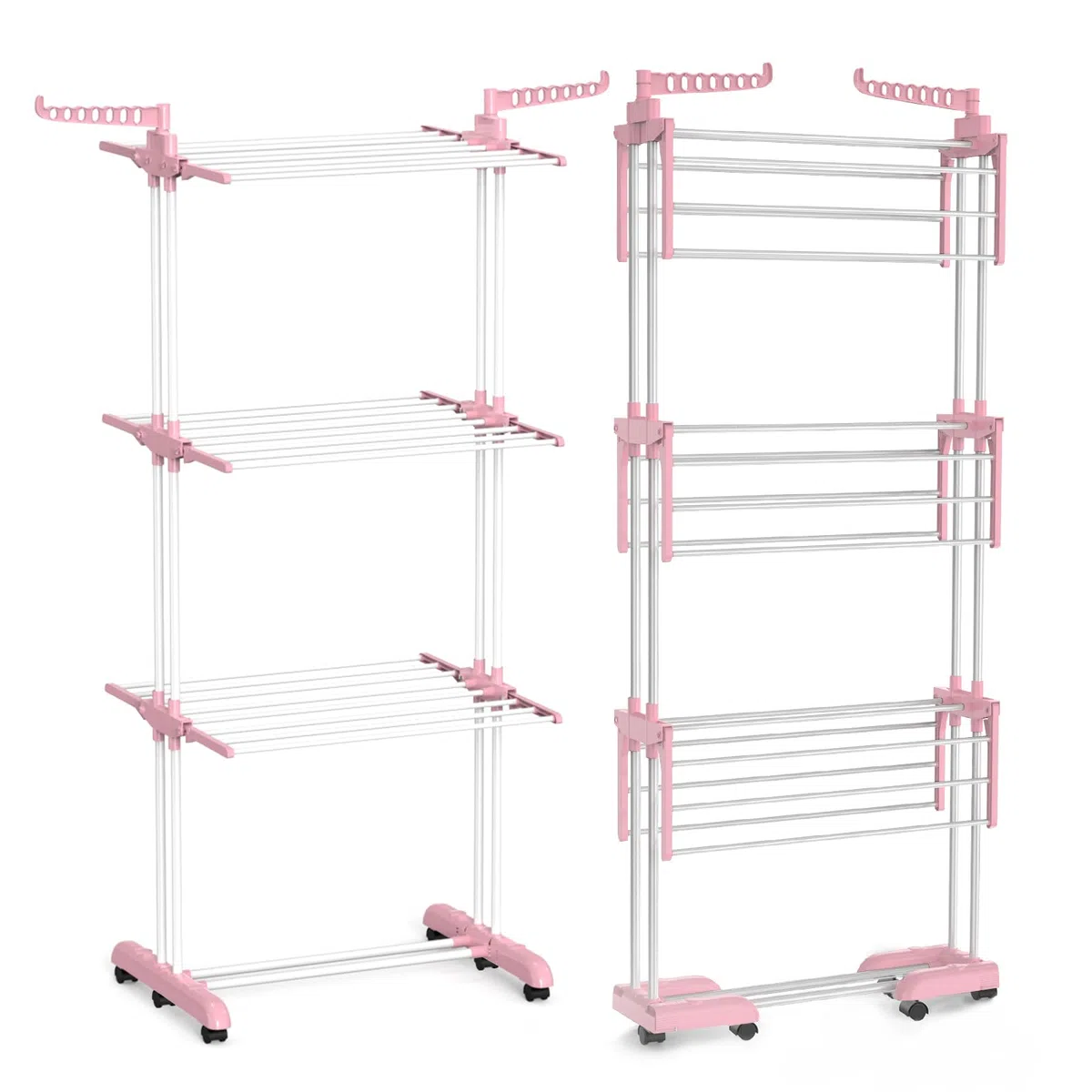 Innotic Stendino a 4 Livelli in acciaio inox, con Ruote Pieghevole Stendibiancheria Salvaspazio per uso Interno Esterno balcone, rosa+bianco
