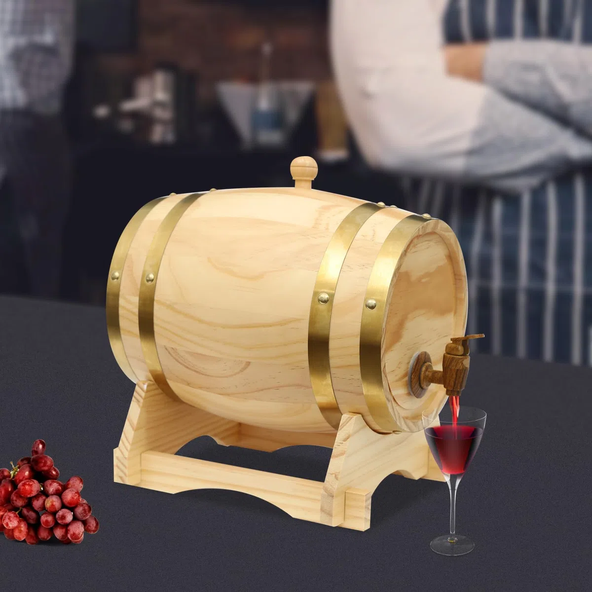 Botte in legno di pino da 5 l, con supporto e rubinetto, botte di legno originale per vino, whisky e grappa, barile decorativo per casa, bar e hotel, design ovale, effetto legno naturale
