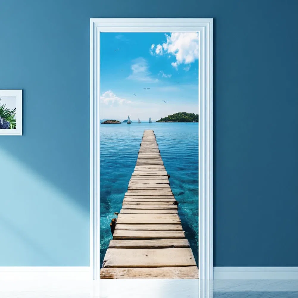 arricraft 2 pz adesivo porta Autoadesivo, 31.5"X78.7" Adesivi Murali per Porte A Tema Marino con Motivo A Ponte di Gabbiani Carta Da Parati In PVC Decorazione per Camere Da Letto Soggiorno