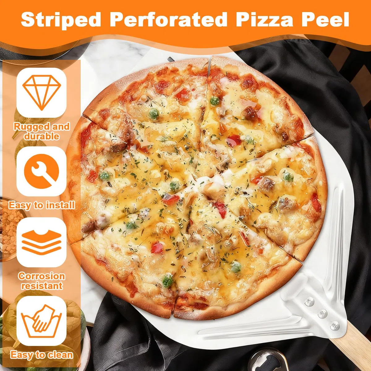 Pala per Pizza Perforata 39,5 x 30 cm con Manico Lungo in Legno Rimovibile, Paletta Pizzas Scorrevole 12 Pollici in Alluminio, Spatola Pane Forata Grande Professionale per Gasgrill, Barbecue e Forno