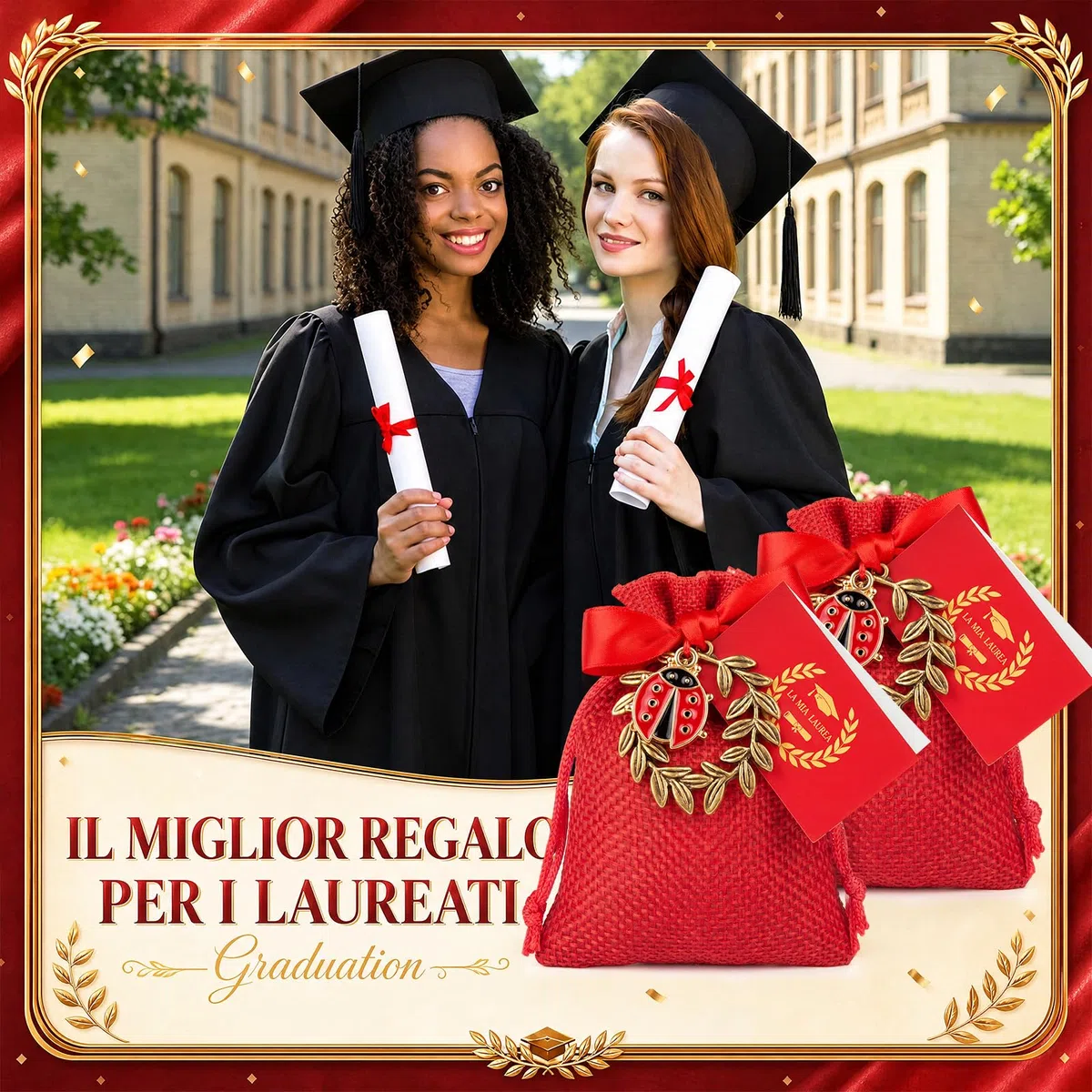 BBTO 60 Sets Souvenir Bomboniere Laurea Include Rosso Sacchetti di Juta Ciondolo a Forma di Corona d'Alloro Ciondoli Coccinella Biglietti di Auguri e Nastro Rosso Regalo di Laurea per Festa