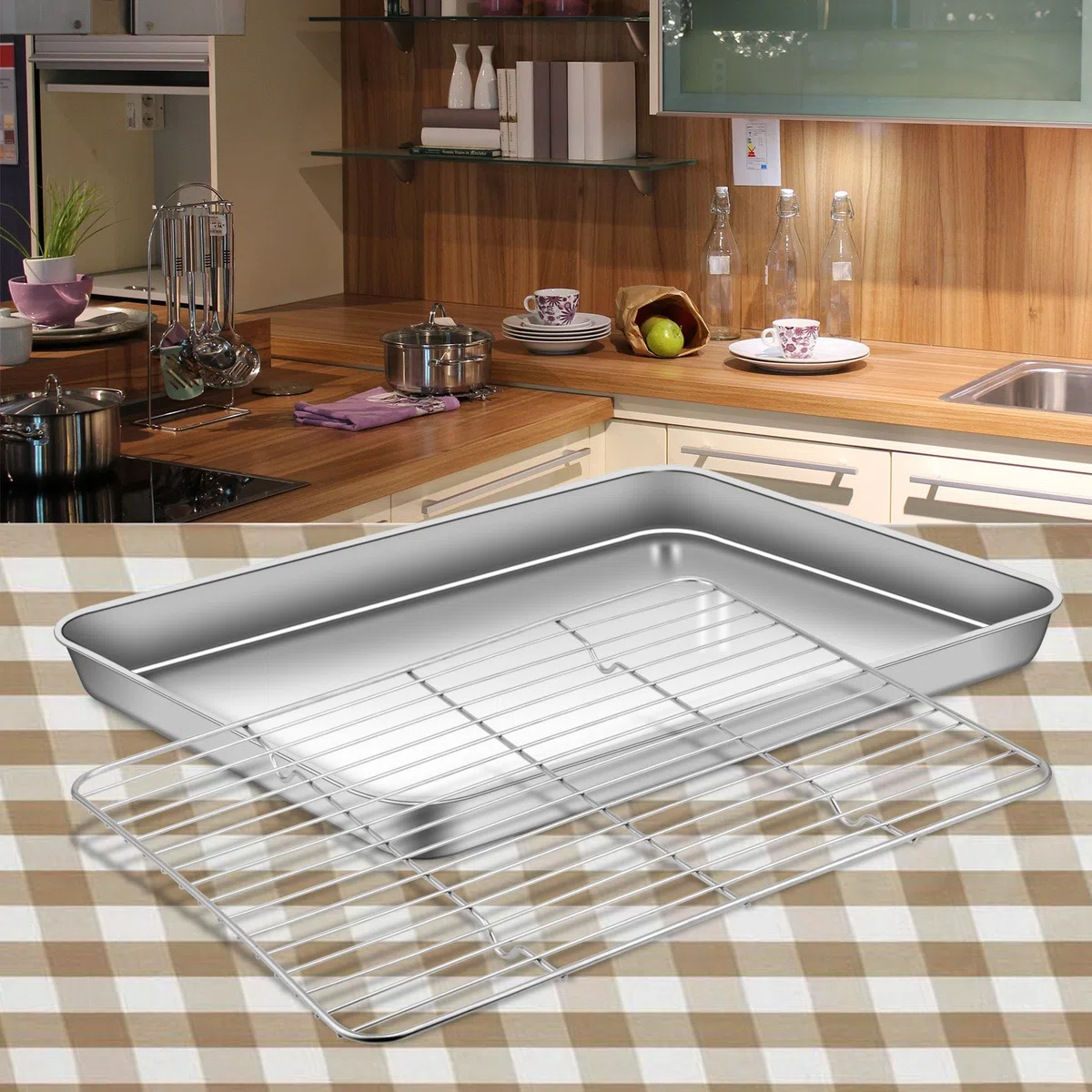 Teglia da Forno con Griglia di Raffreddamento in Acciaio Inox, Teglie per Pizza Antiaderente Teglia Rettangolare per Pane, Biscotti, Pizza e Torte, 40,5 x 30,5 x 2.5 cm (1+1)