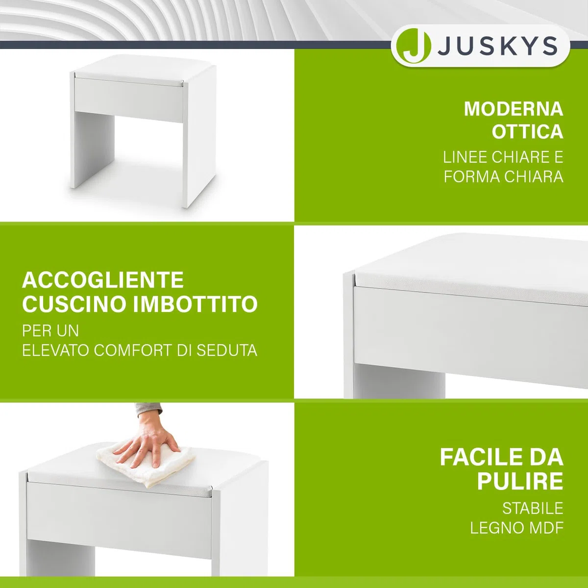 Juskys Tavolo da Trucco Sgabello Melly, sgabello in legno con cuscino imbottito e rivestimento in pelle sintetica, moderno 40 x 30 x 43 cm in bianco