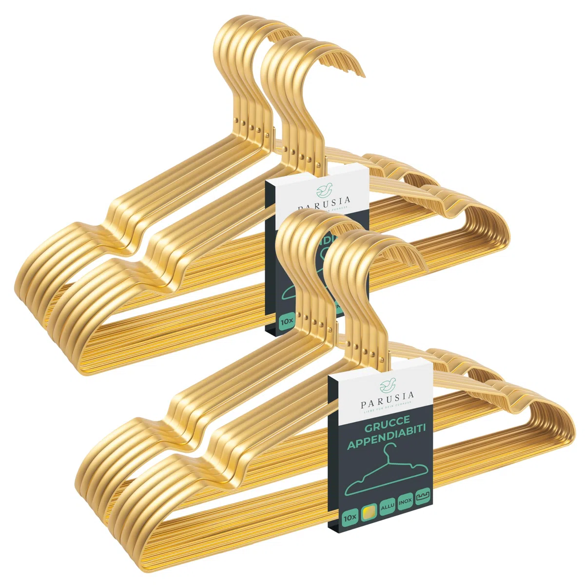 Parusia Appendiabiti Oro, 42 cm di larghezza, 1 cm di spessore, appendiabiti in metallo inossidabile, forma stabile, per riporre e organizzare gli abiti risparmiando spazio nell'armadio, porta abiti