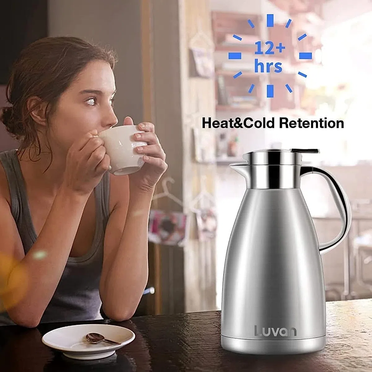 Luvan Caraffa Termica da 1.8 Litri, in Acciaio Inox 18/10 brocca/Thermos a Doppia Parete, isolata sotto Vuoto, con Coperchio a Pressione,conservazione a Freddo o Caldo per più di 24