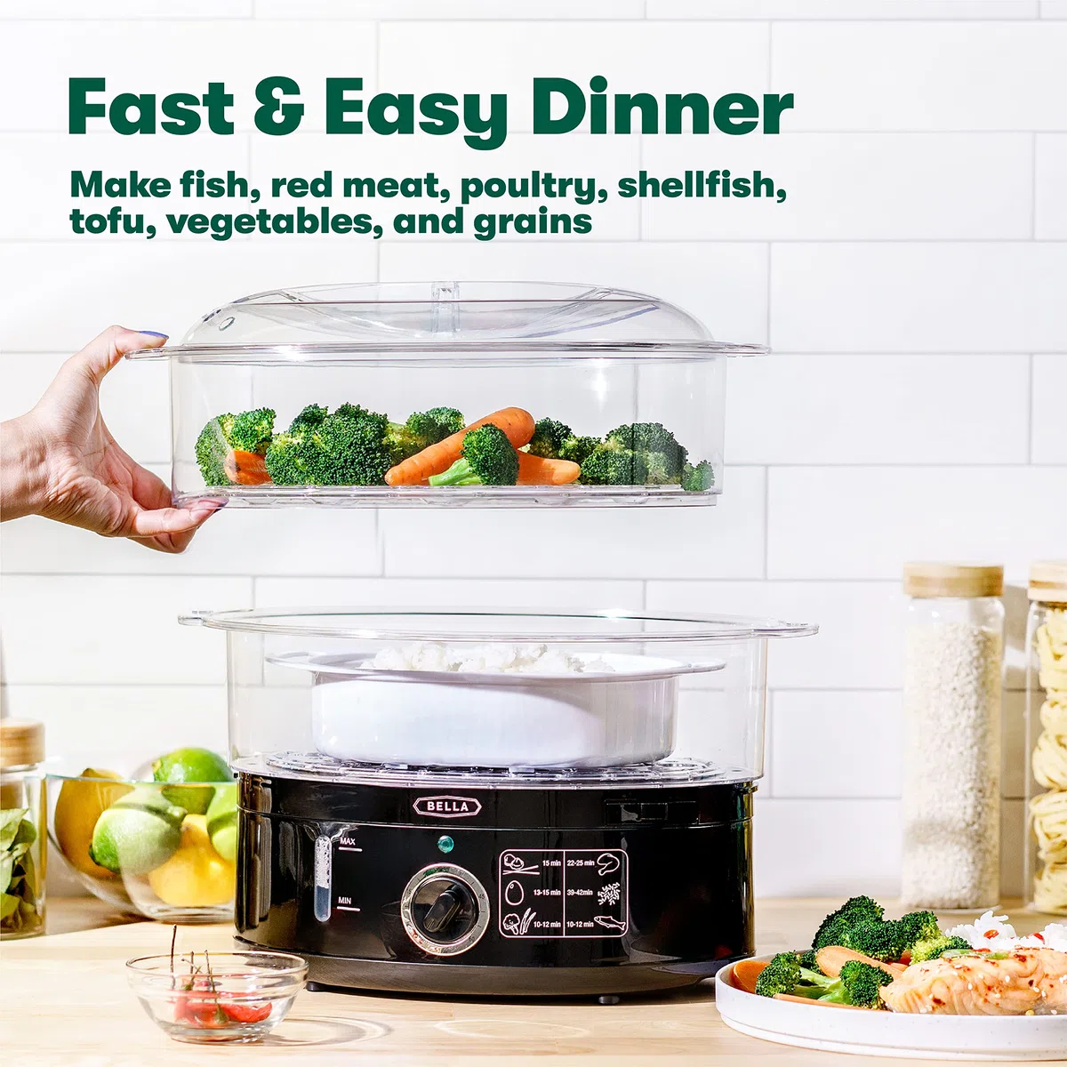 BELLA Vaporiera a due livelli, cottura simultanea sana, veloce e veloce, cestini impilabili per verdure o carne, vassoio per riso/cereali, spegnimento automatico e protezione a secco bollente, 7,4 QT