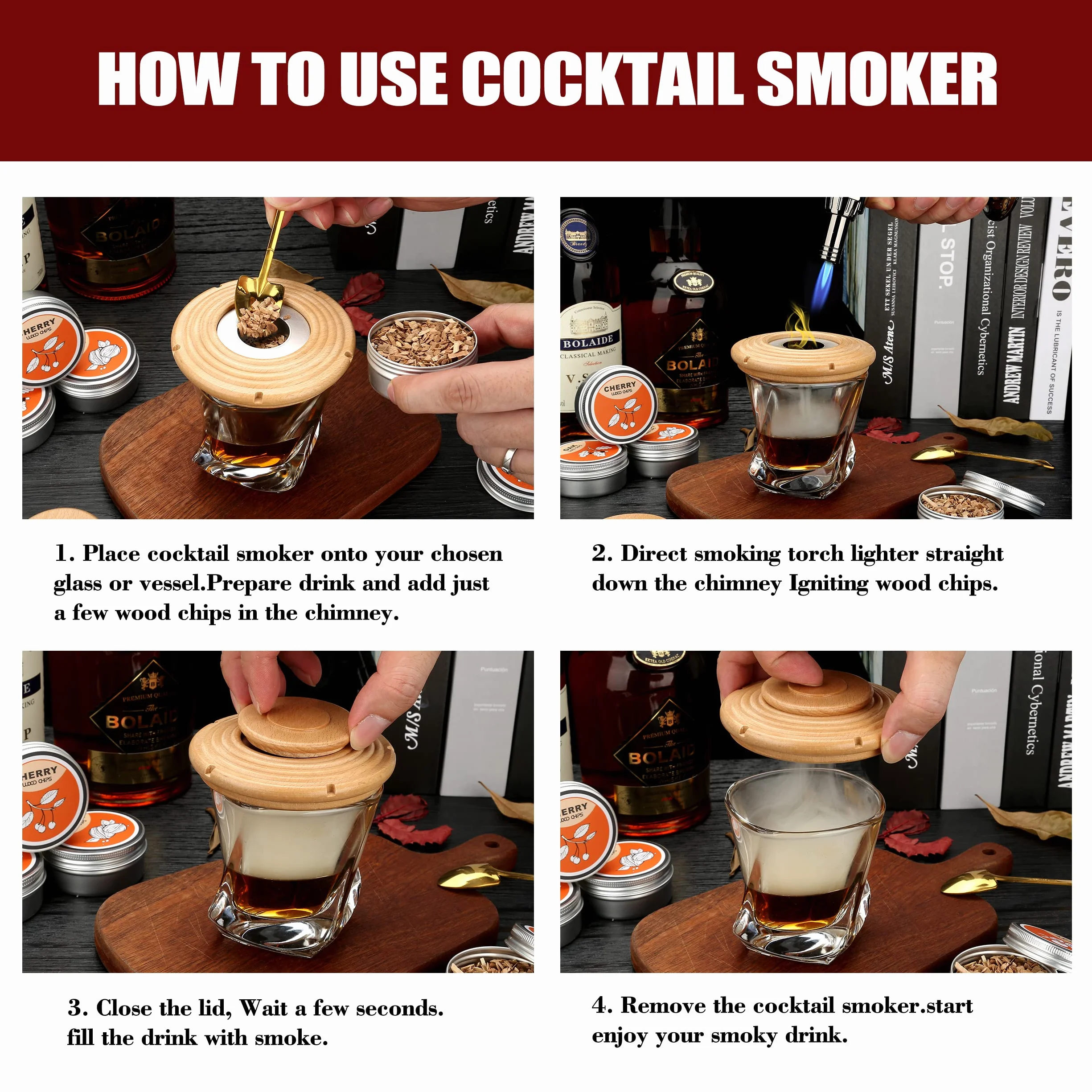 Kit per affumicatore per cocktail con torcia, set per fumatori con 4 trucioli di legno, regalo per la festa del papà, kit per bevande per fumatori whisky, accessori per bevande, bourbon - Walnut