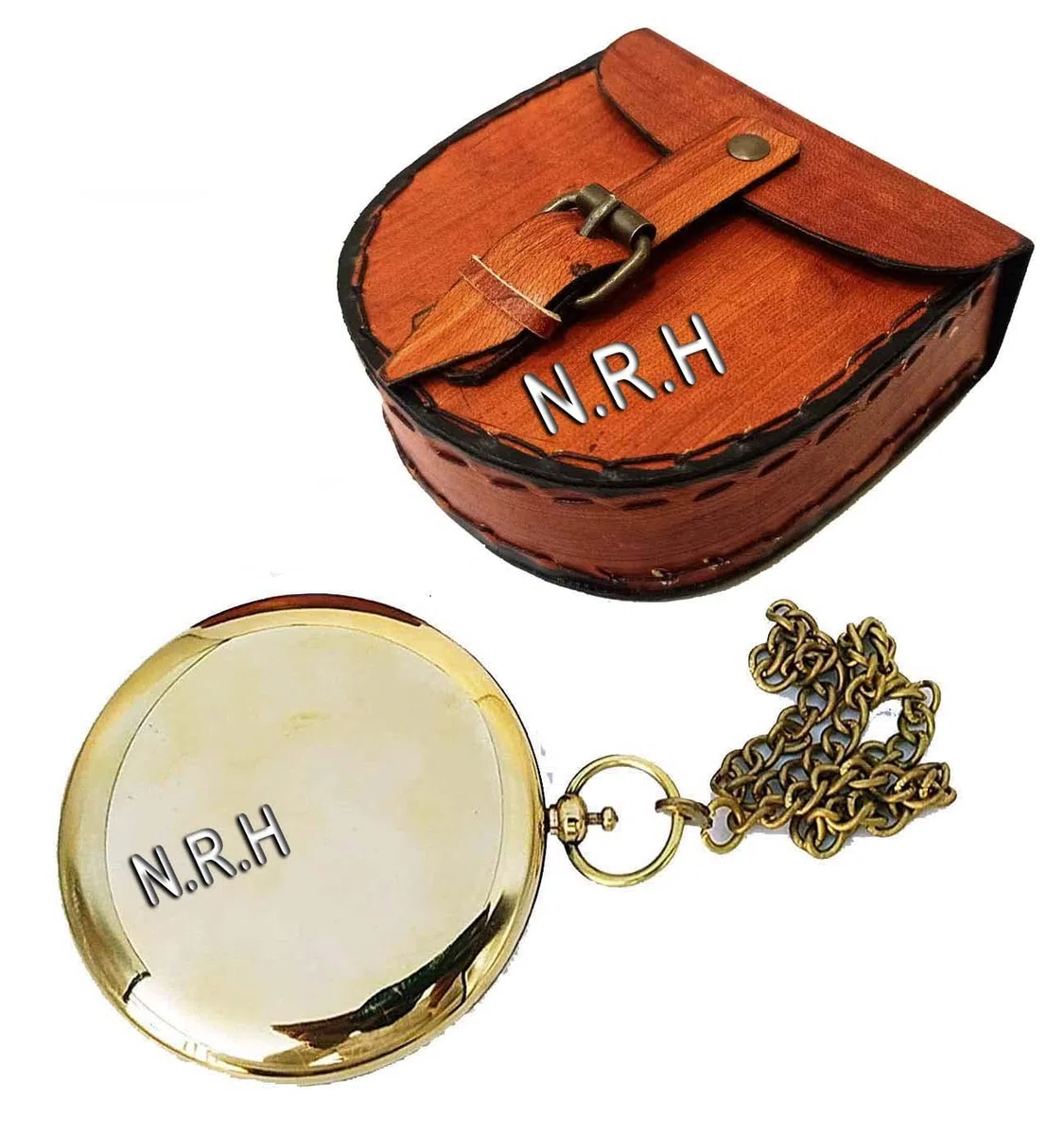 Bussola meridiana con finitura in ottone con cassa in pelle e catena, bussola a spinta aperta – accessorio Steampunk – bellissimo regalo fatto a mano – orologio meridiano