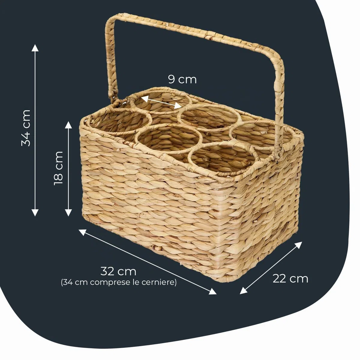HMF Borsa Porta Bottiglie Acqua, Portabottiglie intrecciato en giacinto d'acqua con 6 Scomparti per Bottiglie da 1.5L | 32 x 22 x 18 cm
