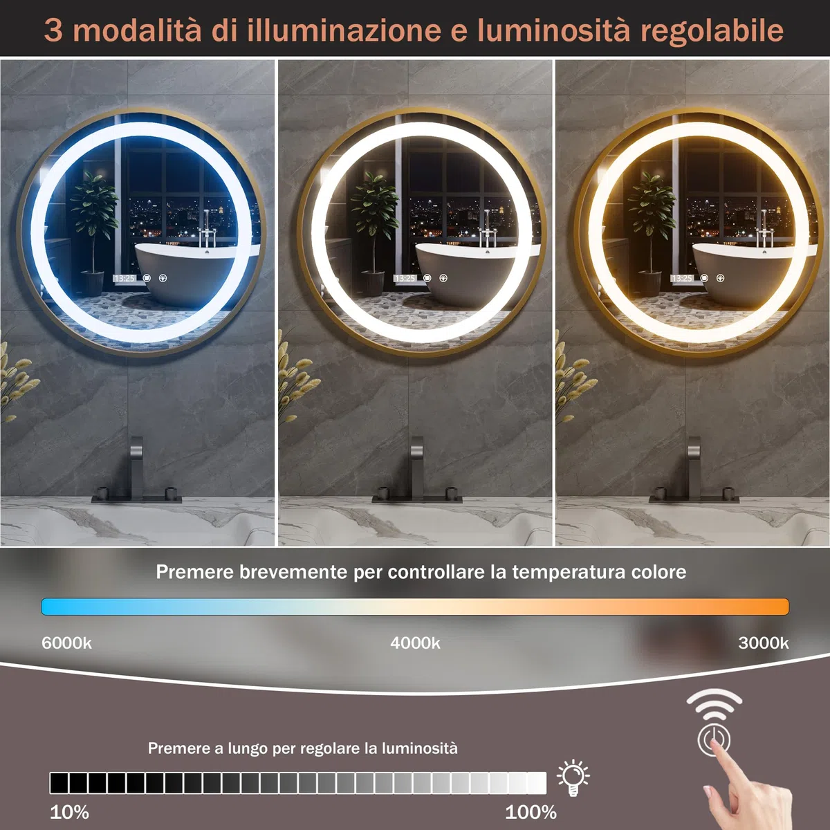 Specchio Bagno con Luce LED a 3 Colori Rotondo, Specchio led bagno con Antiappannamento,3000K-6000K Luminosità Regolabile,Impermeabile IP44, Funzione Memoria, Adatto per Bagni e Parrucchieri (50x50cm)