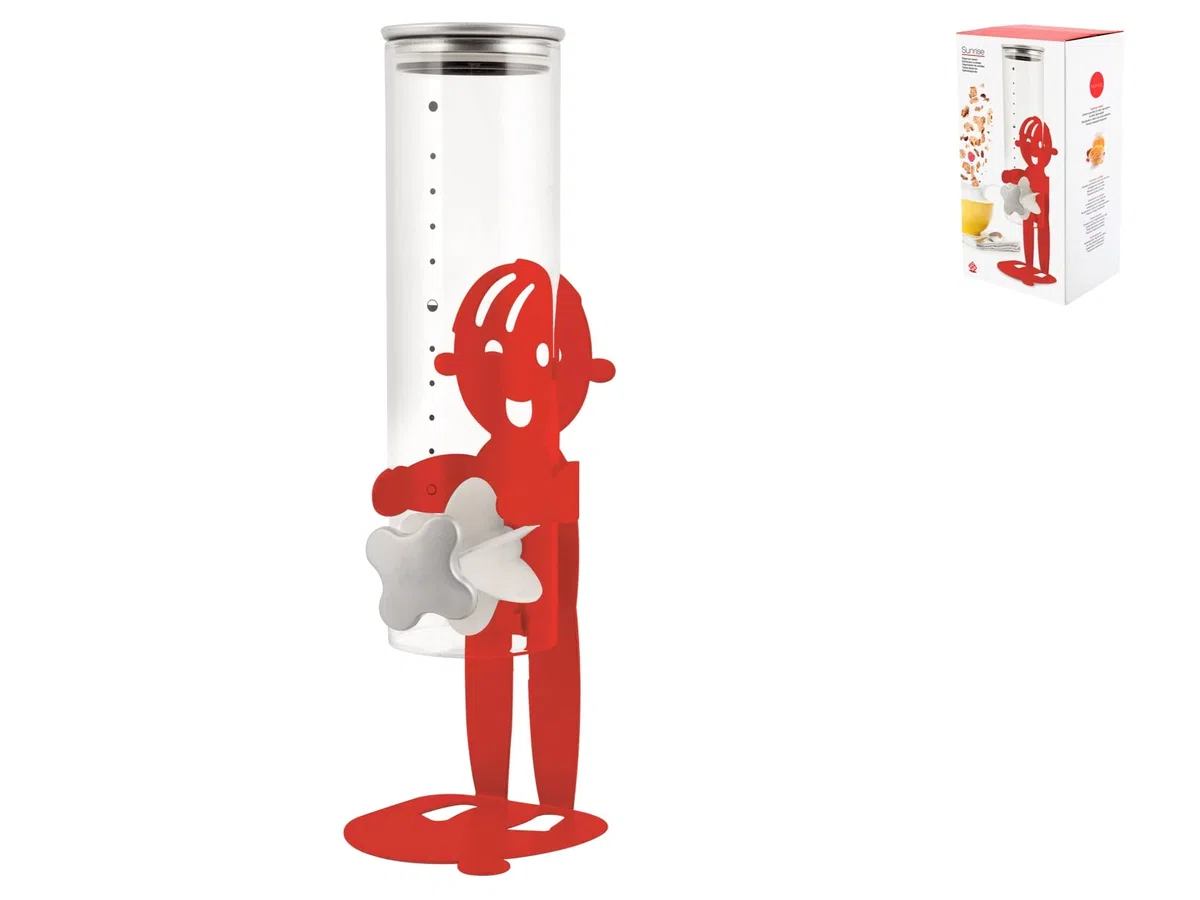 Home Dispenser Cereali Sunrise, Vetro e Metallo, Rosso - Design Moderno con Omino in Metallo che Regge il Dispenser - Perfetto per Sale Colazione e Cucina