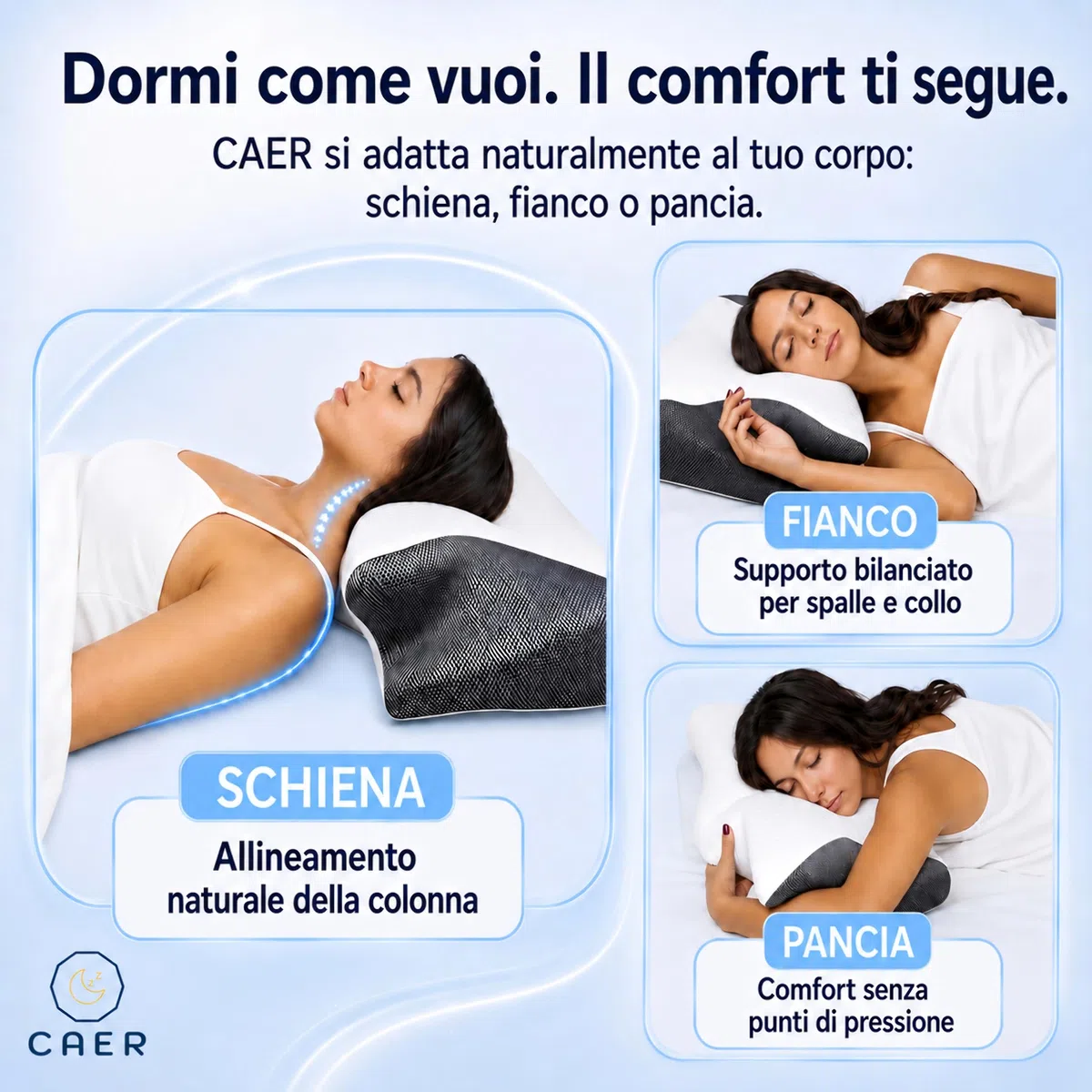 CAER Cuscino Cervicale per Dormire su Fianco e Schiena – Memory Foam Ortopedico, Misure 60x36 cm con Doppia Altezza, Supporto per Collo e Spalle, Federa Lavabile
