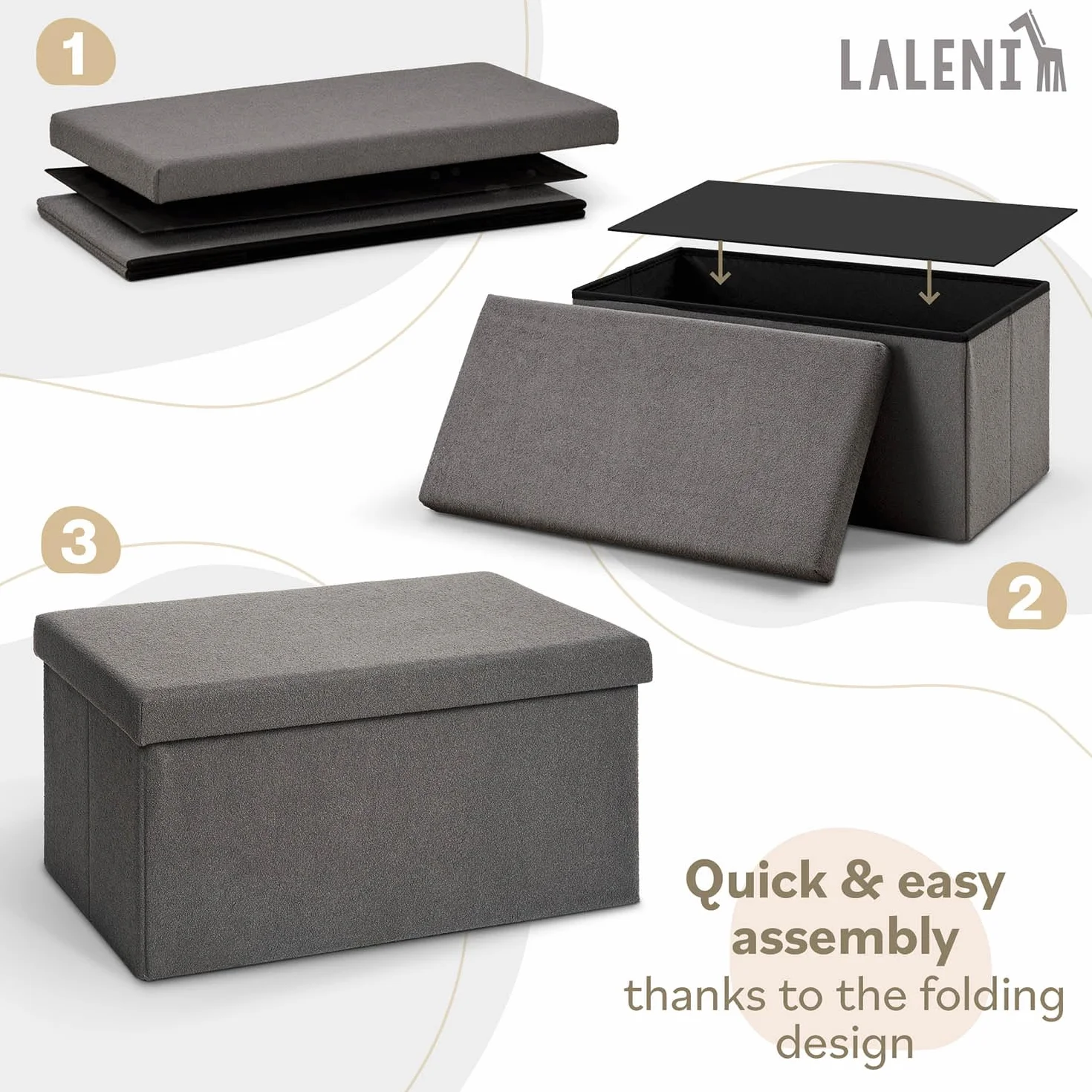Laleni panca contenitore grande - panca camera da letto 76x38 cm - cassapanca contenitore da interno - panche contenitori - panca contenitore camera da letto - puff contenitore rettangolare - in beige