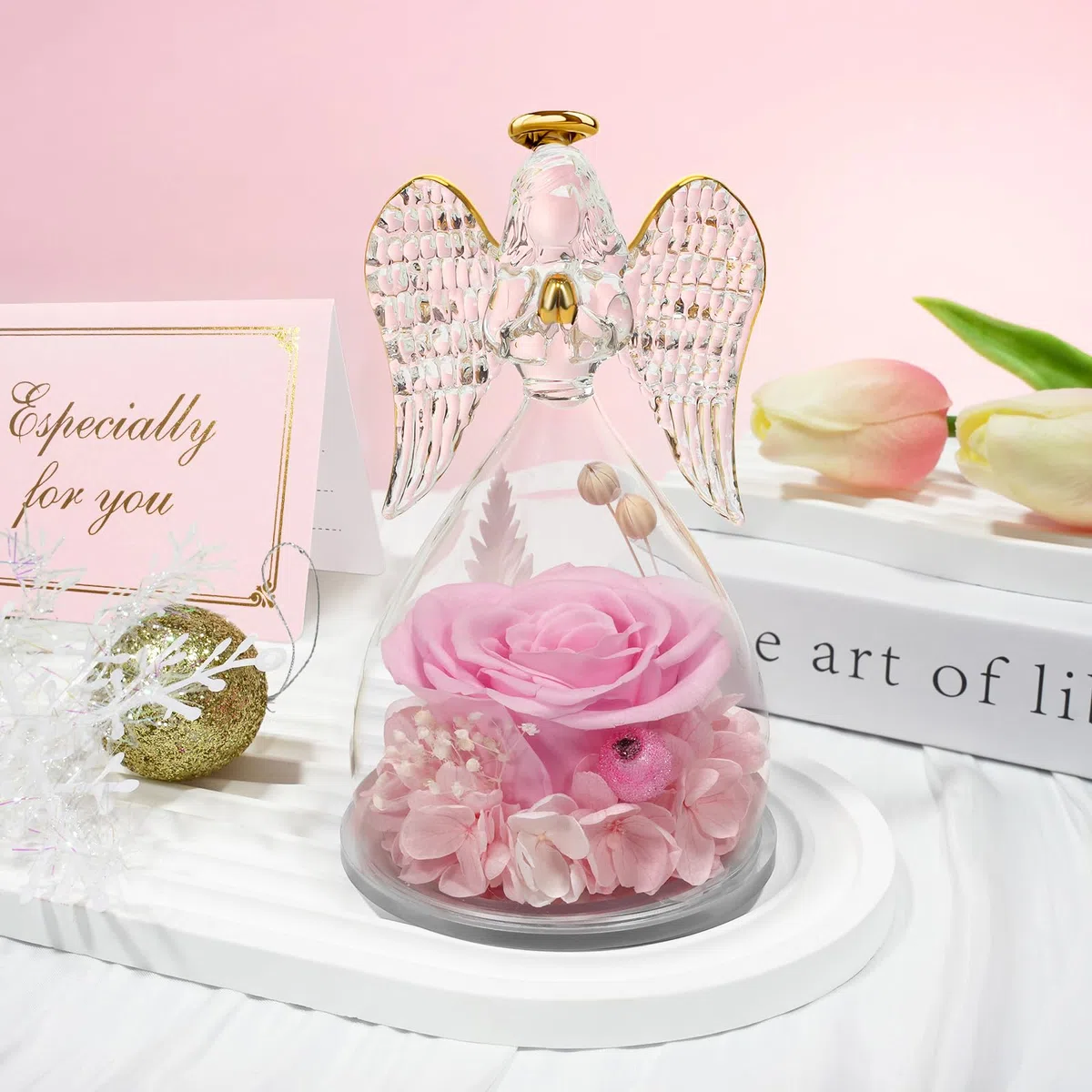 Sunia Rosa Eterna Regalo Donna, Rosa Stabilizzata Vera in Angel Cupola, Angelo Figurine di Vetro per Mamma e Nonna, Regali Compleanno, Natale, San Valentino e Festa della Mamma