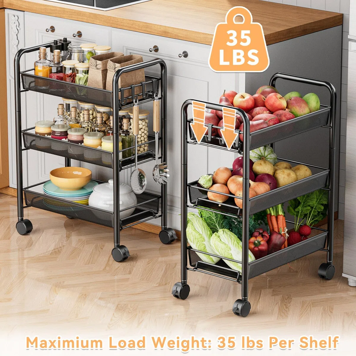 rge Cucina Storage Carts Rolling Cart Metallo Cucina Trolley su Ruote Cucina Trolley Utility Cart per Cucina Lavanderia Bagno Facile da Montare (Nero)