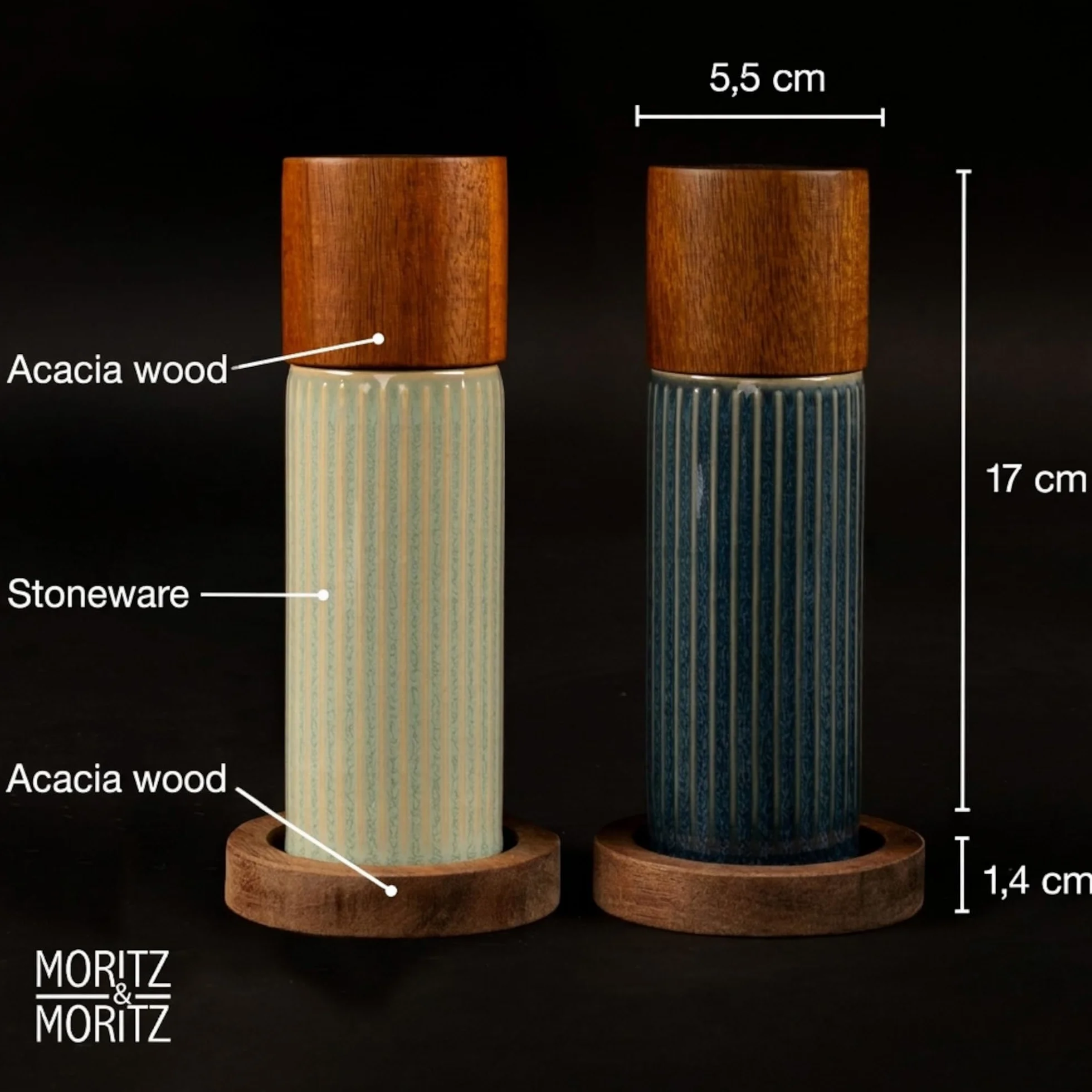 Moritz & Moritz PEPE Set 2 Macinaspezie Blu/Verde – Macinapepe e Macinasale in Ceramica, Legno di Acacia e Gres, Regolazione Macinatura, Ricaricabili per Sale, Pepe e Spezie