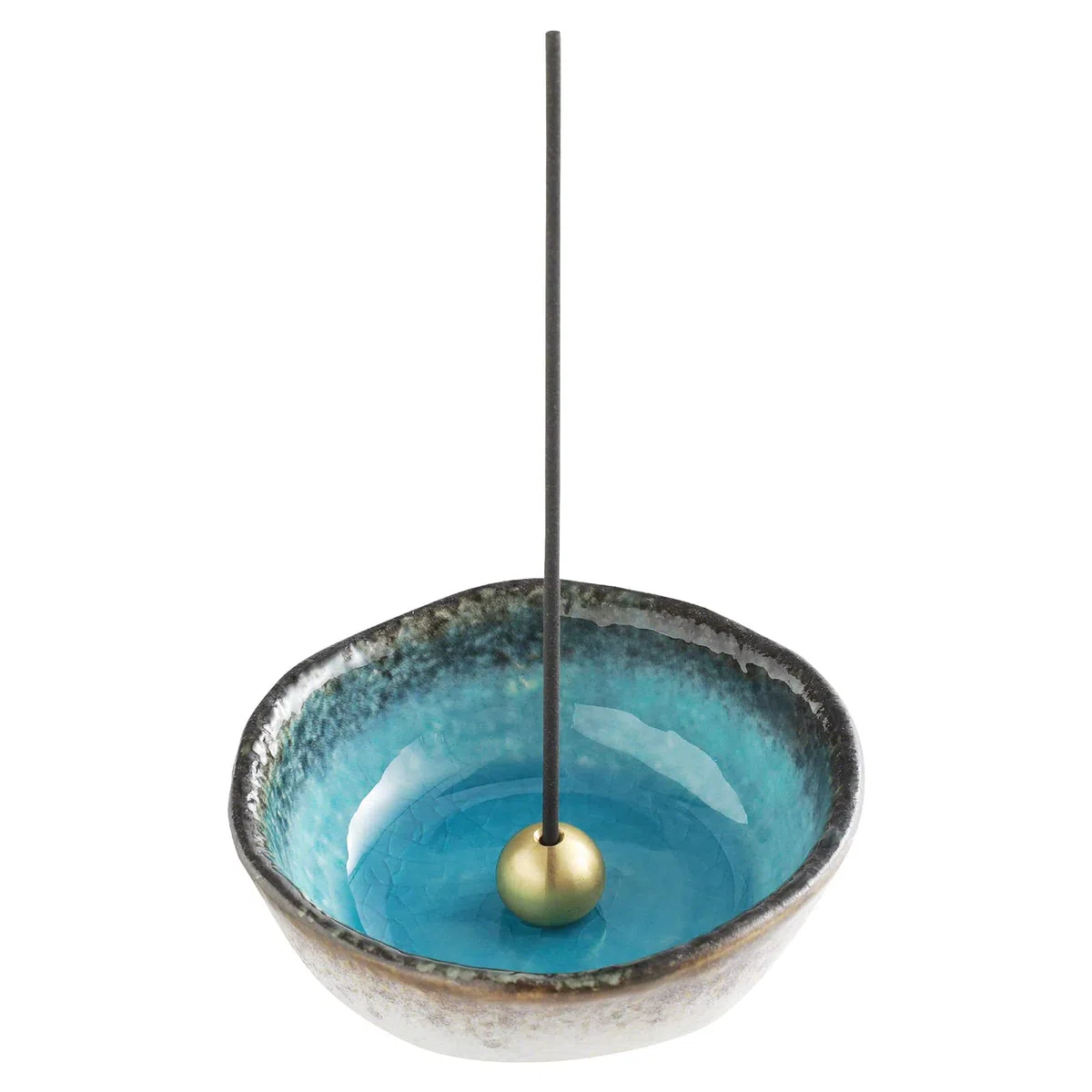 Asayu Japan Mini Porta Incenso per Bastoncini (8.3cm) Set di Cattura Cenere in Ceramica con Supporto Rimovibile in Ottone per Brunciaincenso, Fatto in Giappone, Per Relax (Blu Oceano Naturale)