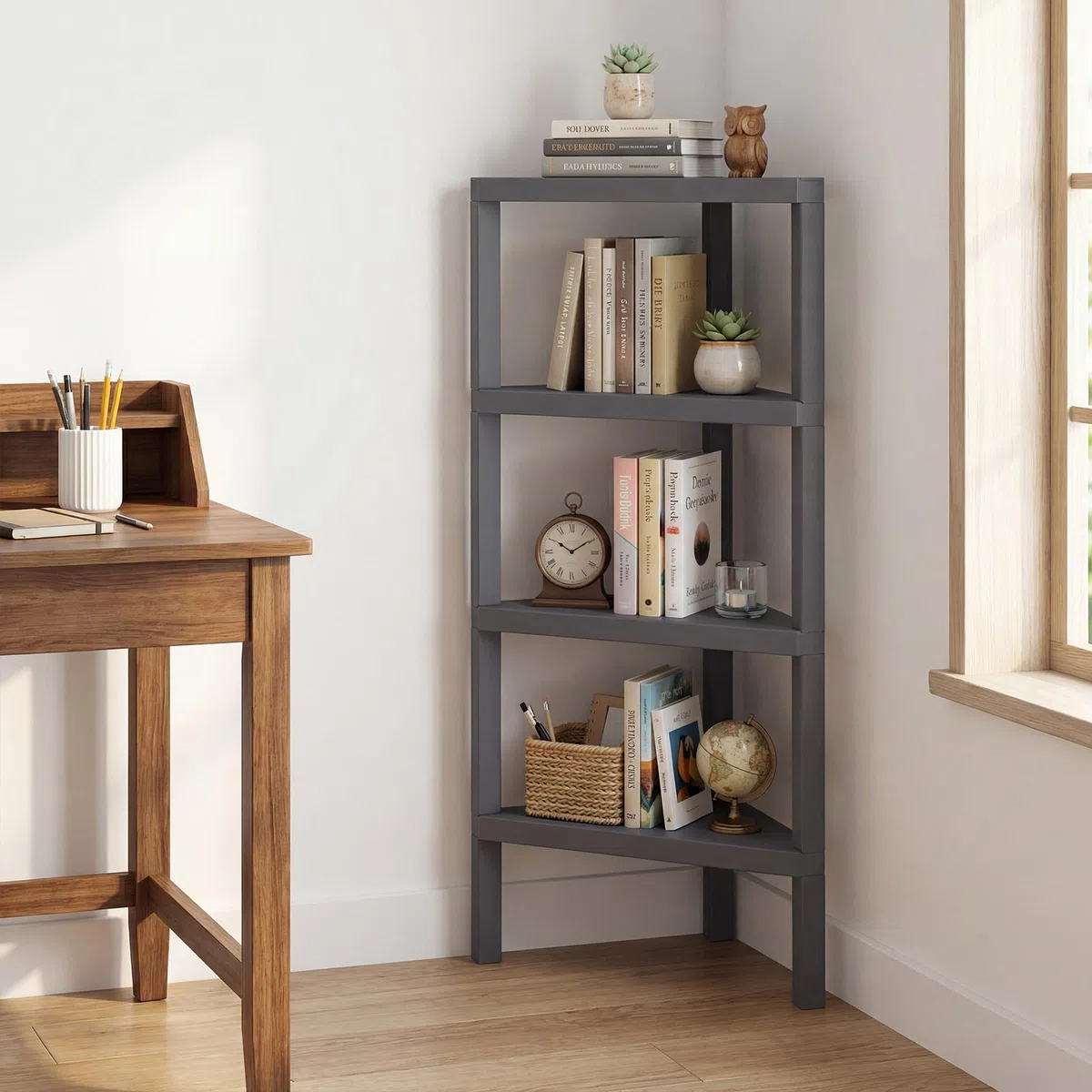 COSTWAY Supporto Scaffale ad Angolo, Libreria ad Angolo a 4 Ripiani con Scaffali a Doghe Aperte, Mensola per Esposizione e Organizzazione per Ufficio Soggiorno Cucina e Bagno (Grigio)