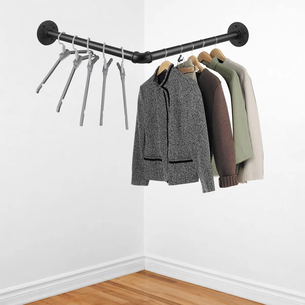 TANiCE Appendiabiti da Parete in Ferro ad Angolo Retto 46cm Appendiabiti Cilindrico Industriale Retrò Staccabile Nero con Viti Ideale per Camera da Letto Soggiorno Cucina