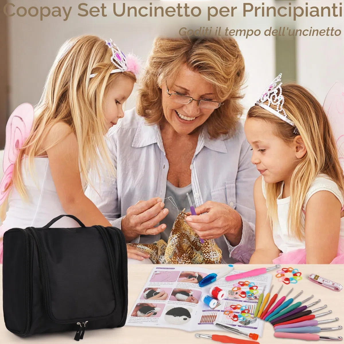 Coopay Set all'uncinetto per principianti, set completo con 15 lana, uncinetti ergonomici, borsa portatile e accessori all'uncinetto, uncinetto da 2,0 a 10 mm con impugnatura in gomma TPR, set regalo