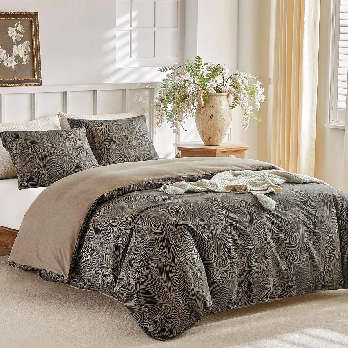 Tokokimo Set di biancheria da letto super king size, motivo con foglie tropicali, in morbida microfibra, estivo, 260 x 220 cm, con 2 federe, cachi/tropicale