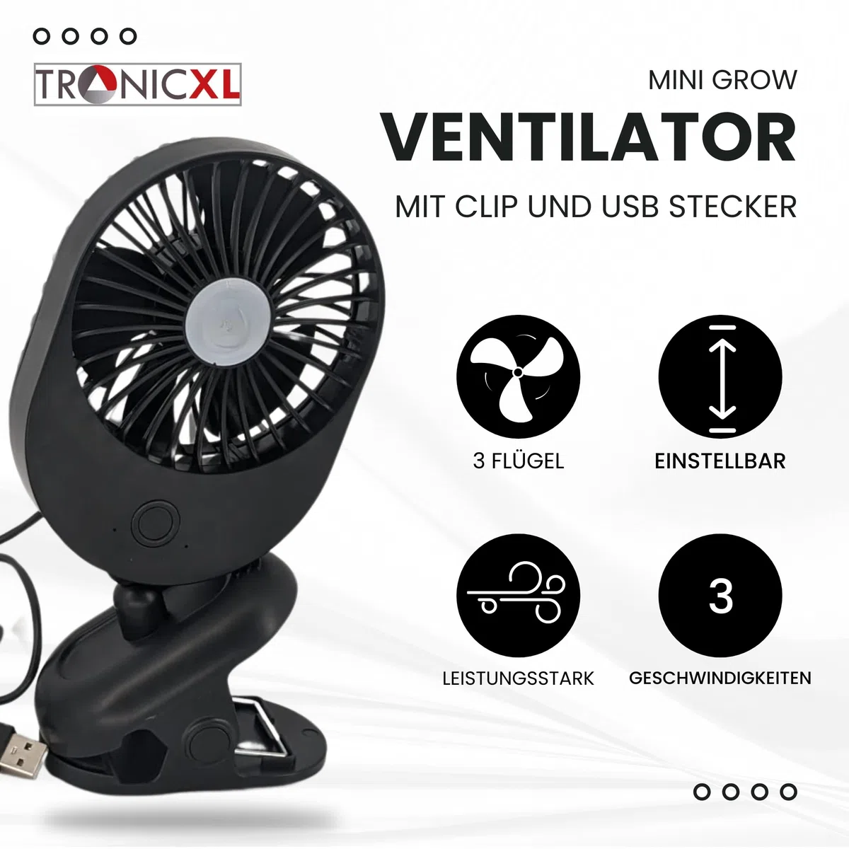 TronicXL Ventilatore USB Grow con clip morsetto a morsetto, ventilatore a clip per Homebox Growbox GrowBox Secret Jardin GrowPro DiamondBox Zelsius Mars Hydro ecc.