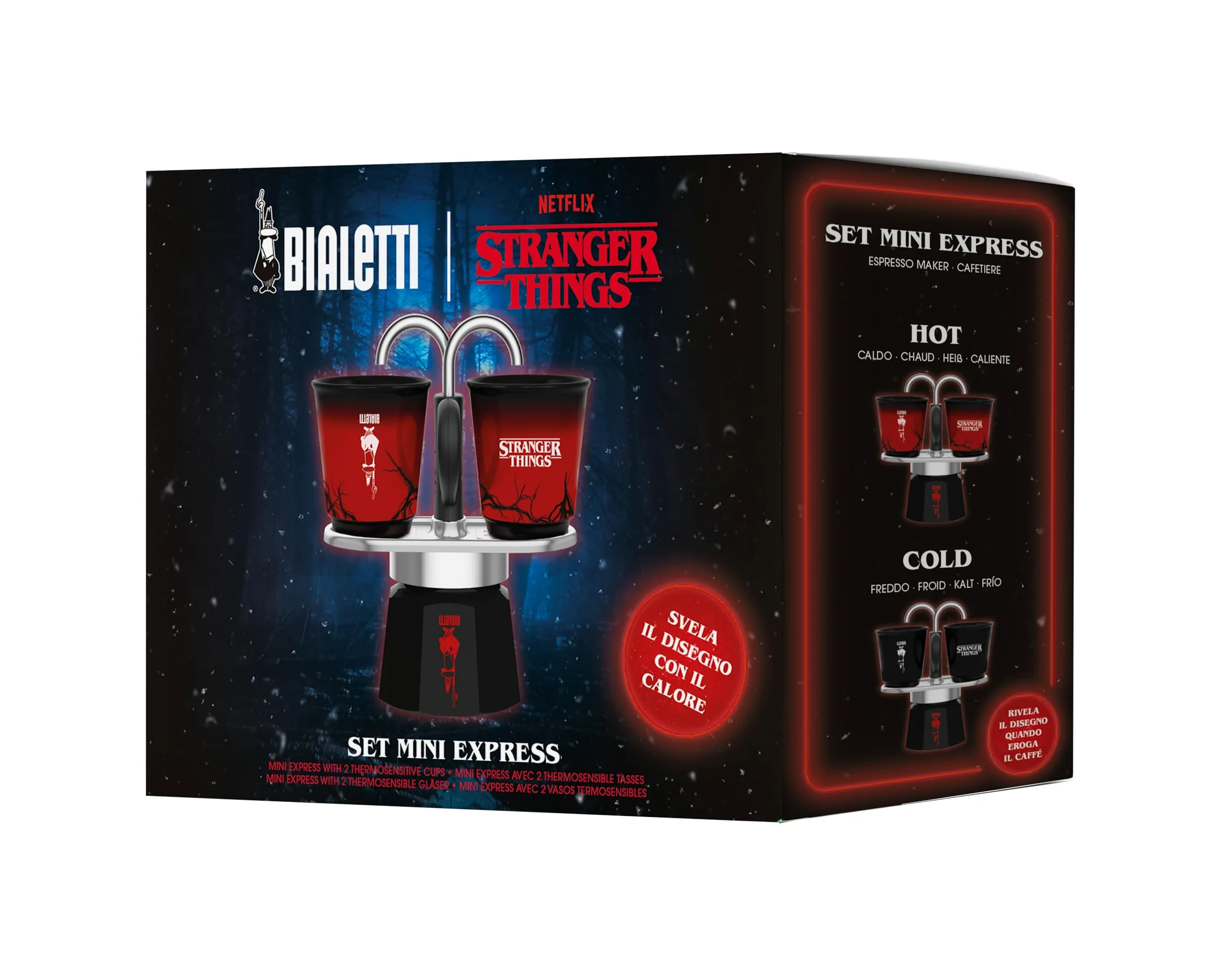 Bialetti Set Mini Express Stranger Things, 2 Bicchierini Termosensibili in ceramica inclusi, Cambia colore, Non adatta all'induzione, Nero, 2 Tazze