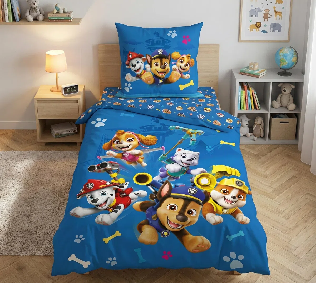 Set Letto Paw Patrol 3 Pezzi - Copripiumino 140x200 cm + Federa 63x63 cm + Lenzuolo Sotto con Angoli 90x190 cm - 100% Poliestere Morbido - Certificato Oeko-Tex - Design Chase, Marshall e Skye