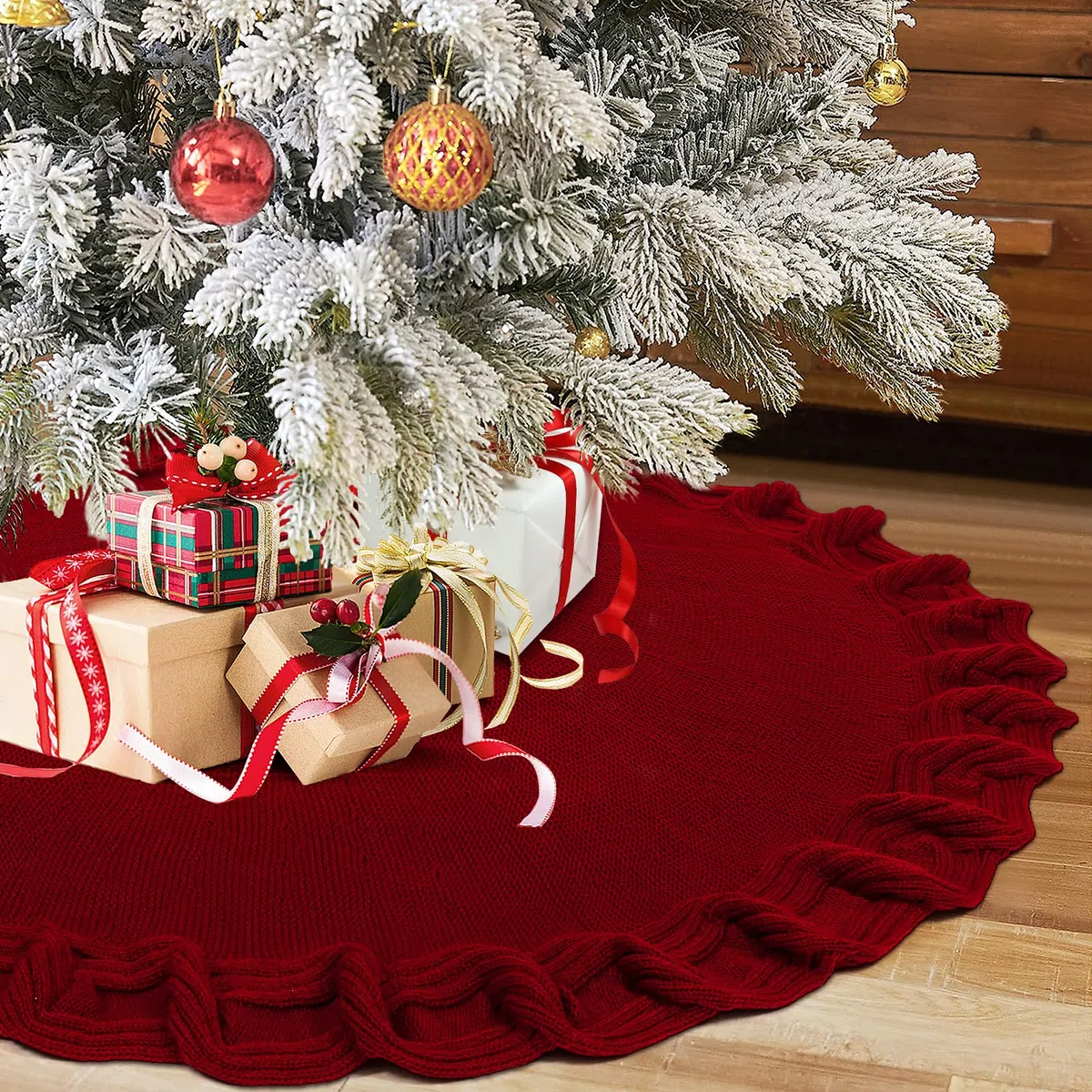 DEMIUKO 122CM Gonne per Alberi di Natale Rosso Tappeto per Albero di Xmas Tappetino per Copertura Base Tree Christmas Tappetino di Natale per Casa Vacanza Decorazione per Albero di Xmas