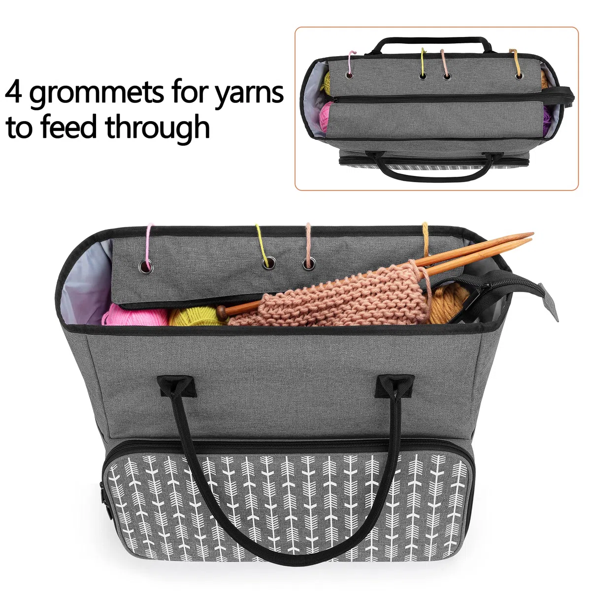 Yarwo Borsa per Lavoro a Maglia e Tote per Lana Gomitolo, Ferri da Maglia o Altri Accessori, Grigio con Motivo a Freccia (Solo Borsa)