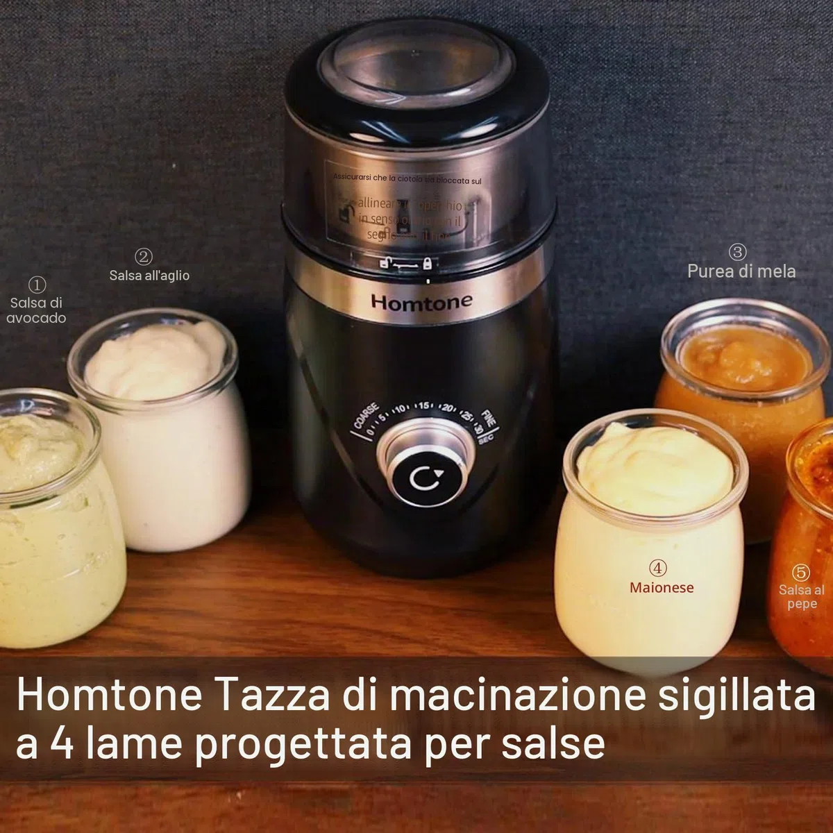 Homtone Macinacaffè Elettrico con Timer, Macinacaffè a Grana Regolabile con Due Contenitori Rimovibili in Acciaio Inox da 70g, Macinacaffè Silenzioso 63 dB, Ideale anche per Spezie