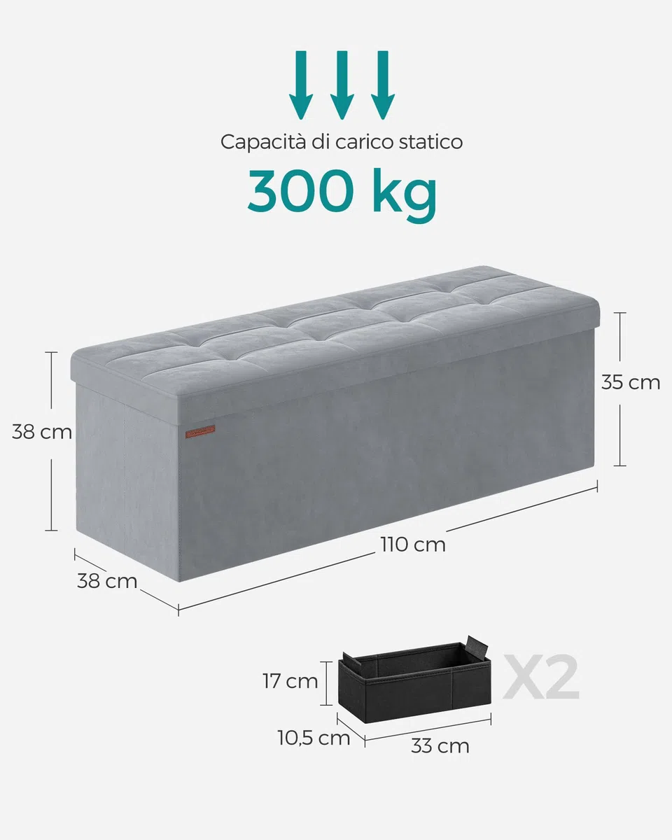 SONGMICS Cassapanca, Pouf Contenitore, Poggiapiedi Pieghevole da 38 x 110 x 38 cm, Ottomano, Regge fino a 300 kg, per Soggiorno, Camera da Letto, Entrata, Grigio Tortora LSF277G02
