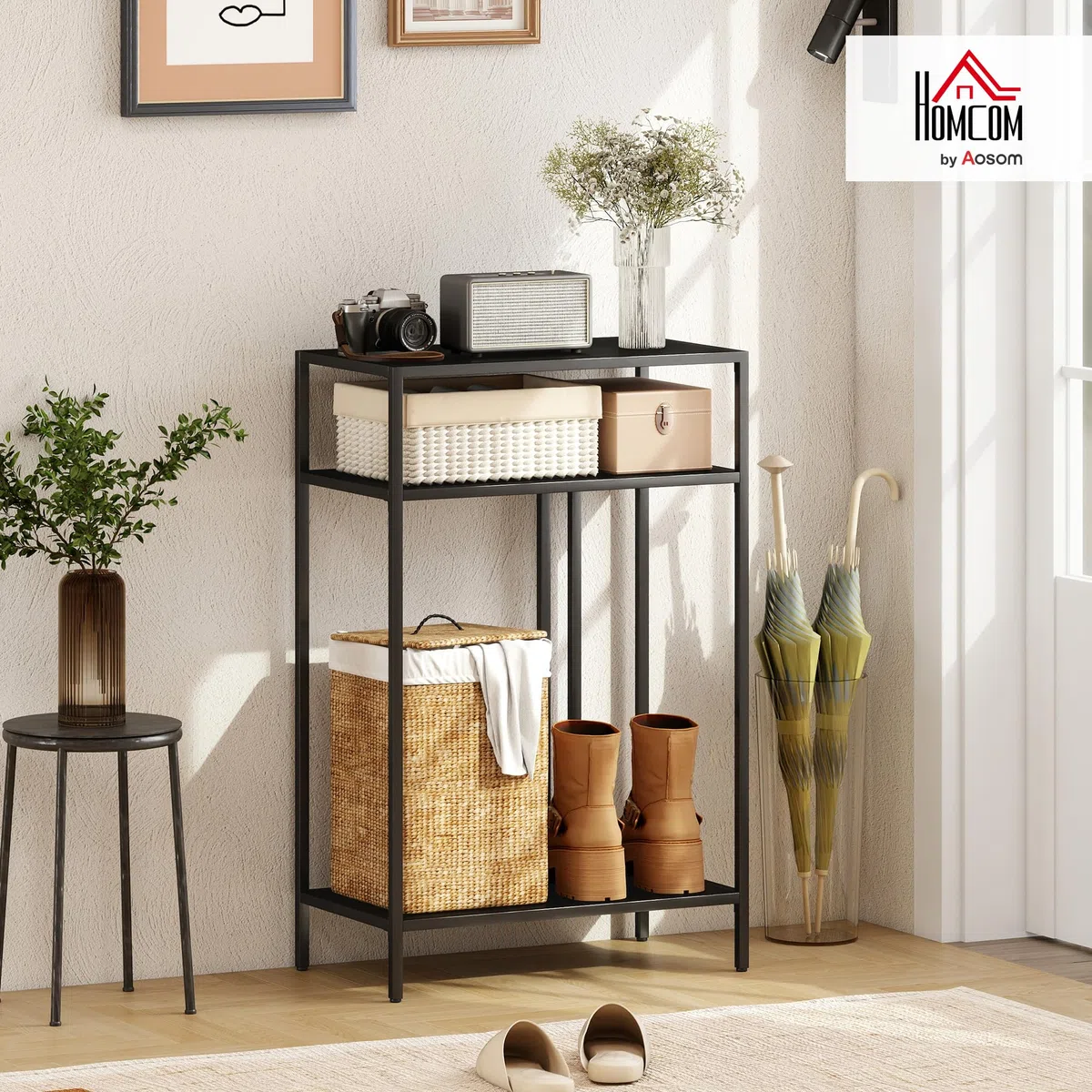 HOMCOM Consolle Ingresso con Ripiani, Tavolo Consolle in Metallo, Tavolino Ingresso per Camera da Letto, 55x30x85 cm, Nero