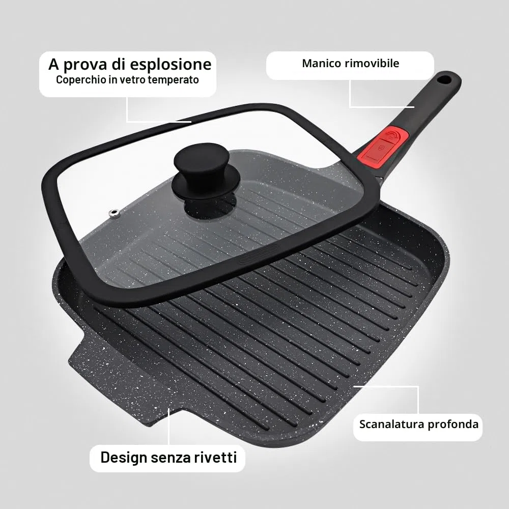 RANX INGST Bistecchiera Antiaderente con Maniglia Rimovibile, Padella Griglia con Coperchio, Pietra 26 x 24 cm Quadrata per Induzione, Alluminio pressofuso - Nero