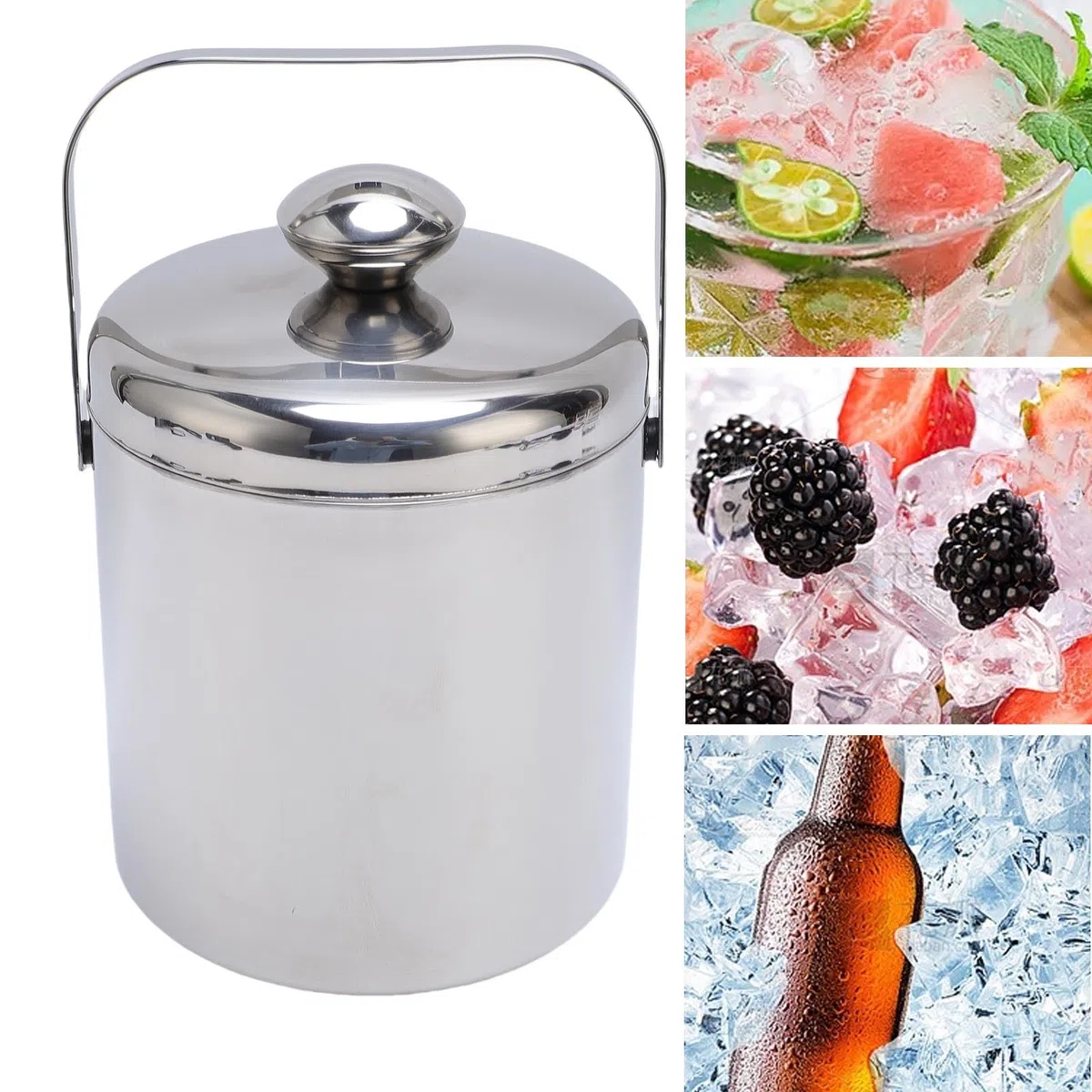Secchiello per Ghiaccio Acciaio Inox Doppia Parete Isolamento Termico Mantenimento Ghiaccio Lunga Durata Capacità 1,3 Litri Per Vino Champagne Cocktail Feste Picnic