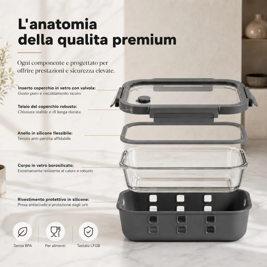 Meal Prep Contenitori Set 1x640ml, 1x 1050ml, 1x1520ml – Vetro borosilicato, ermetici, impilabili, microonde con valvola vapore, protezione silicone, contenitori vetro per alimenti