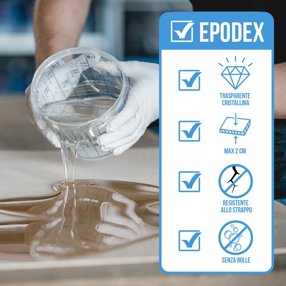 EPODEX Resina Epossidica PRO, Resina epossidica trasparente kit è cristallina per colate fino a 2cm, per arte in resina, doming, gioielli e piccoli stampi o colate, CLEAR - Transparent - 1,5kg