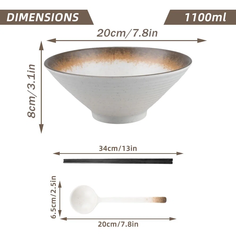 2 Set Ciotola Ramen In Plastica Melamminica Grande Ciotole Ramen Giapponese Con Cucchiai e Bacchette per Pasta Zuppa di Noodles,1100ml