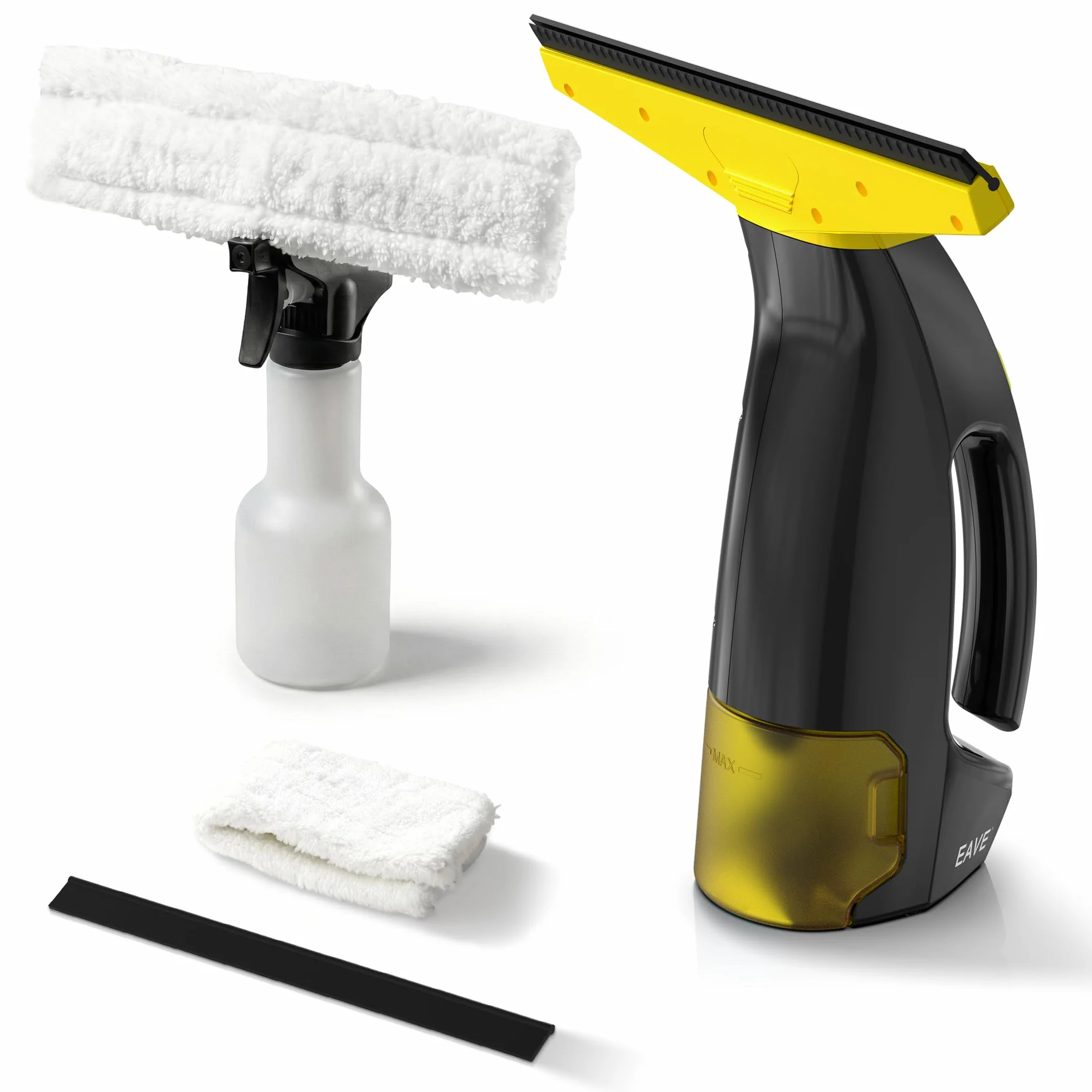 EAVE Lavavetri Elettrico, Set Pulisci Vetri Elettrico con Autonomia di 45min, Lava Vetri Finestre Elettrico con Bocchetta da 28cm e Serbatoio da 200ml, Adatto a Finestre, Piastrelle e Specchi(giallo)