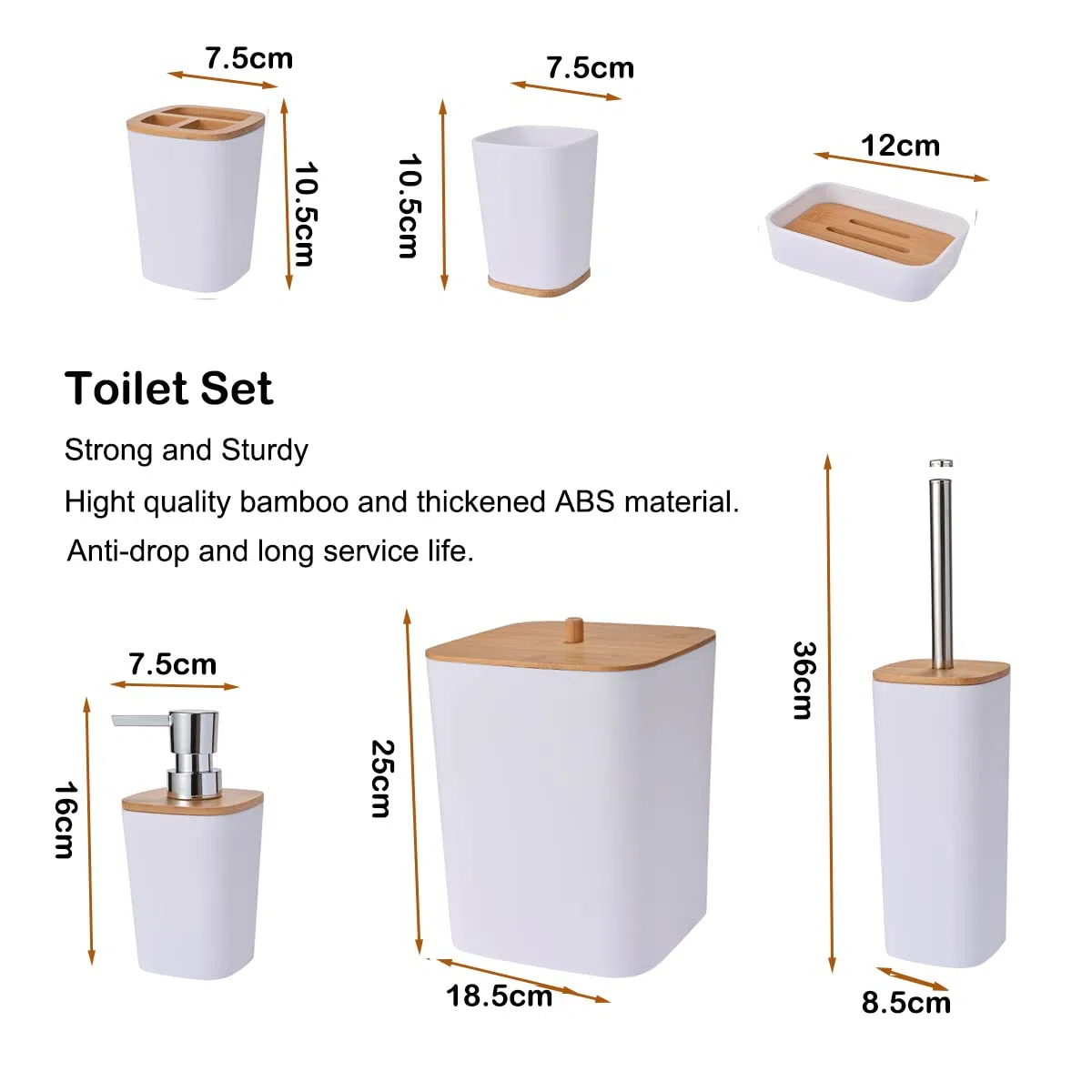 Yorkmills Set di Accessori da Bagno in Bambù, 6 Pezzi, Set di Accessori da Bagno, Set di Accessori per WC, Porta Scopino per WC, Resistente Portaspazzolino, Distributore di Sapone Con Pompa