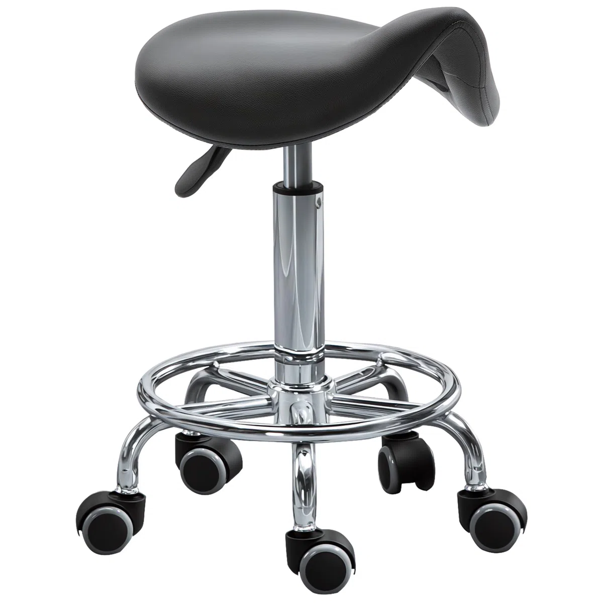 HOMCOM Sgabello con 5 Ruote, Sgabello Regolabile in Altezza, Seduta Ergonomica Imbottita in Gommapiuma, Design Moderno, Versatile, 36.5x37.5x51-66 cm, Nero