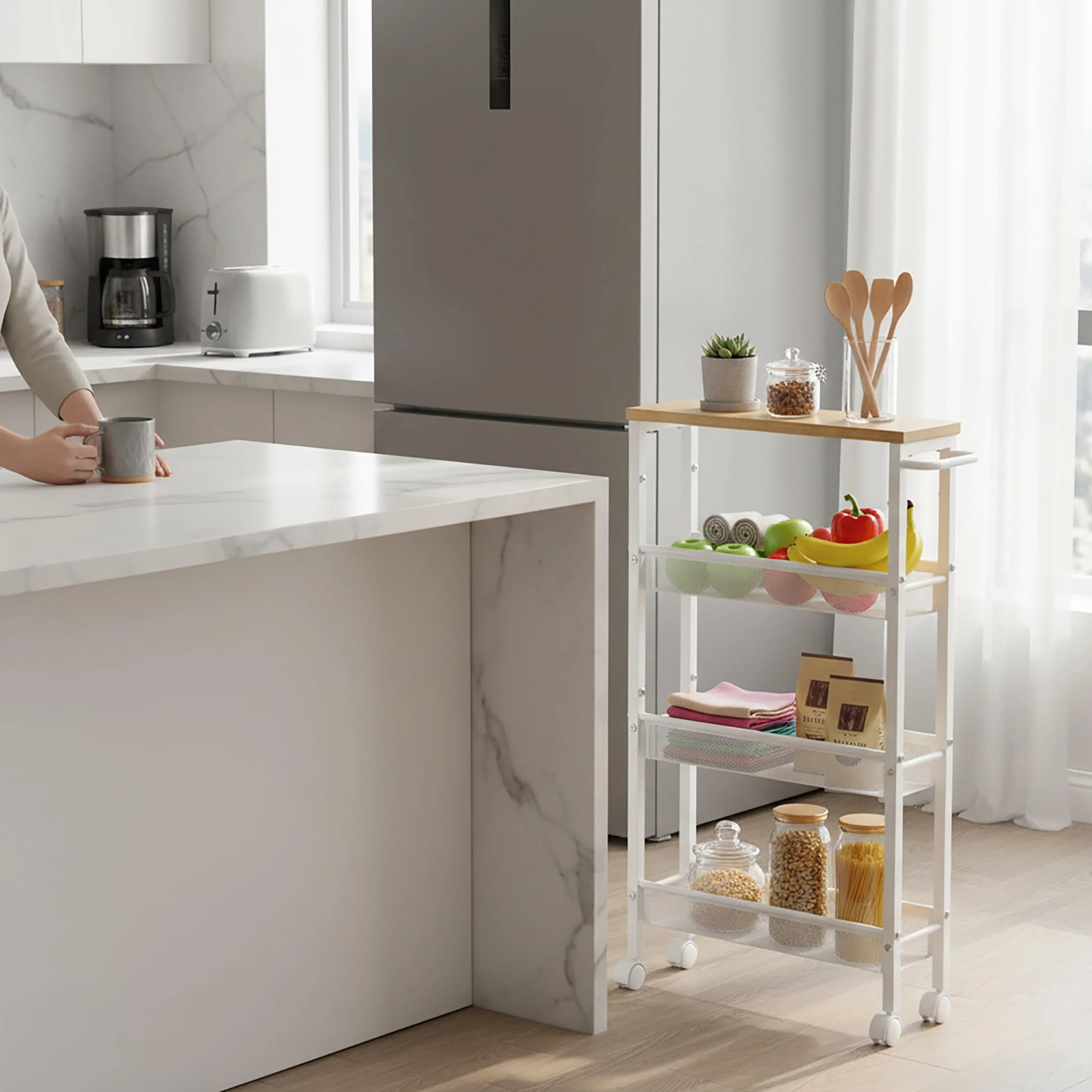 Relaxdays Carrello nicchia in Metallo Effetto Legno/Bianco, 4 Ripiani, salvaspazio Bagno/Cucina, 77x13x45 cm