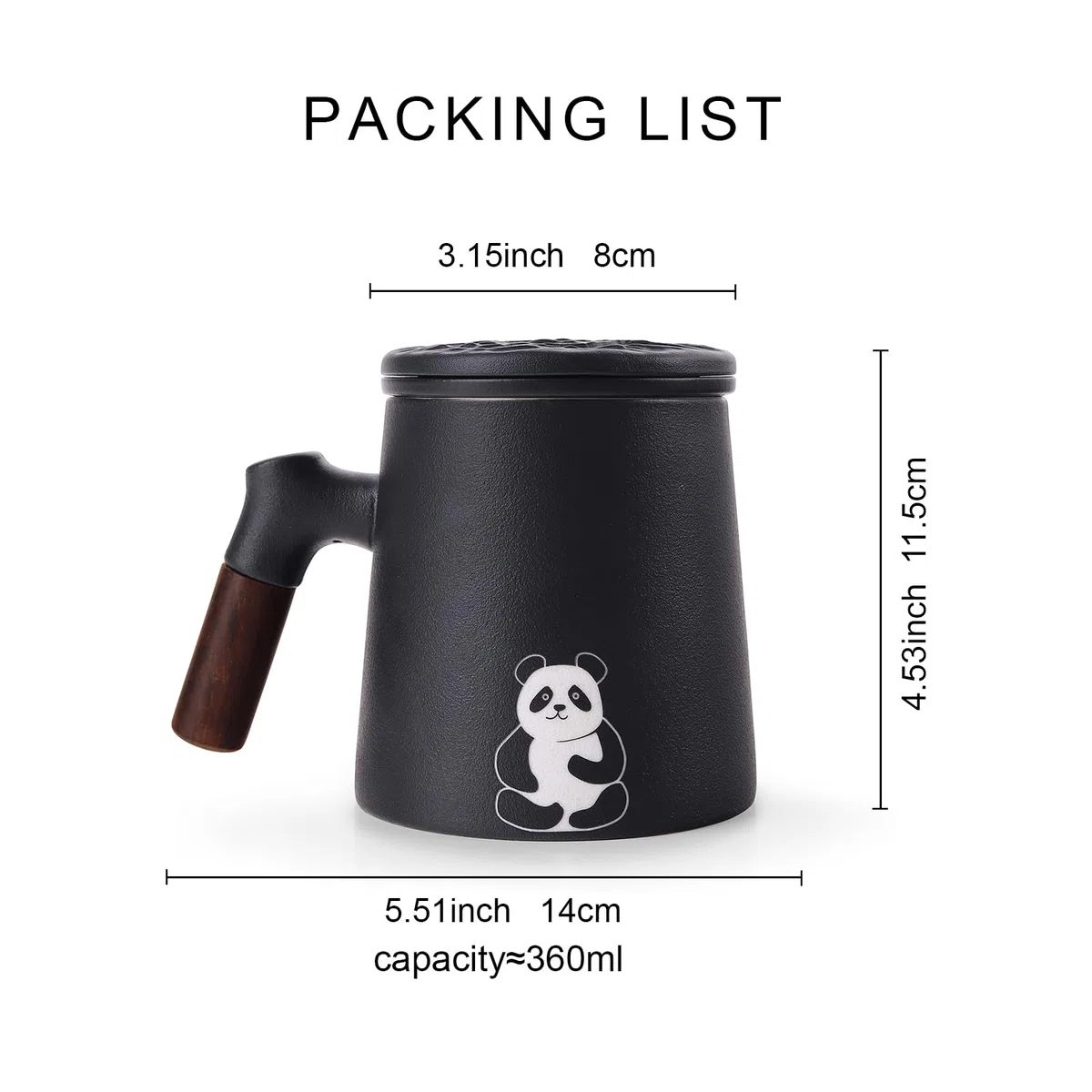 fanquare Tazze da Tè in Ceramica con Manico in Legno Tazza da Tè Nera Grande con Infusore e Coperchio Tazza per la Macerazione del Tè per Casa Ufficio 340ML